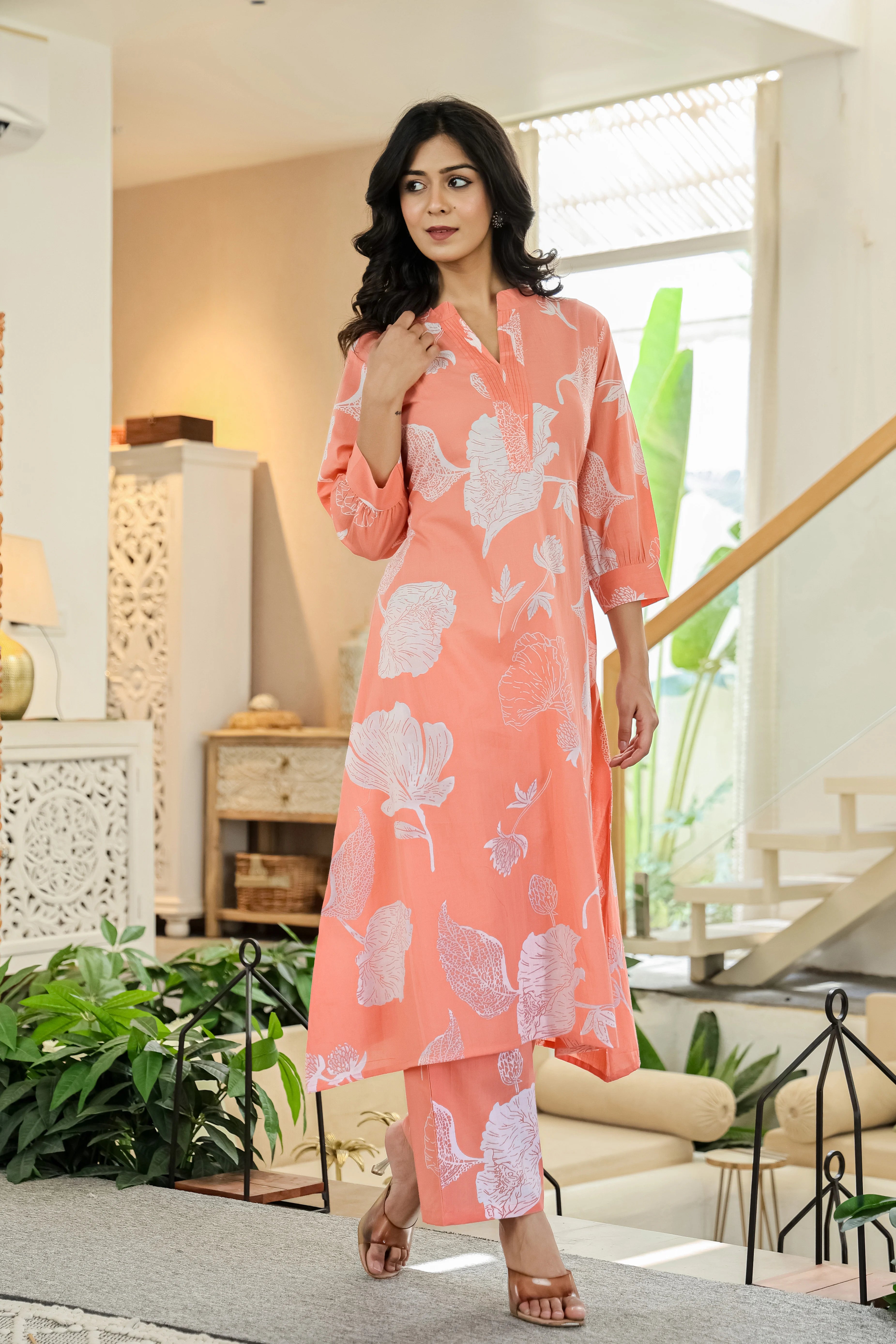 Peach Floral Pure Cotton Co-Ord Set