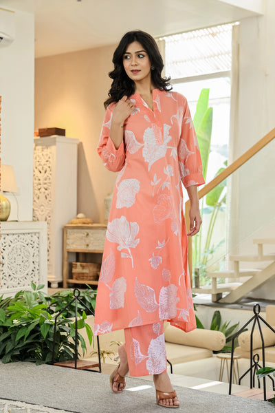 Peach Floral Pure Cotton Co-Ord Set