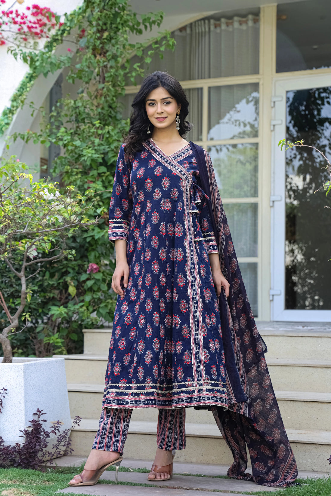 Navy Blue Printed Cotton Anarkali Set
