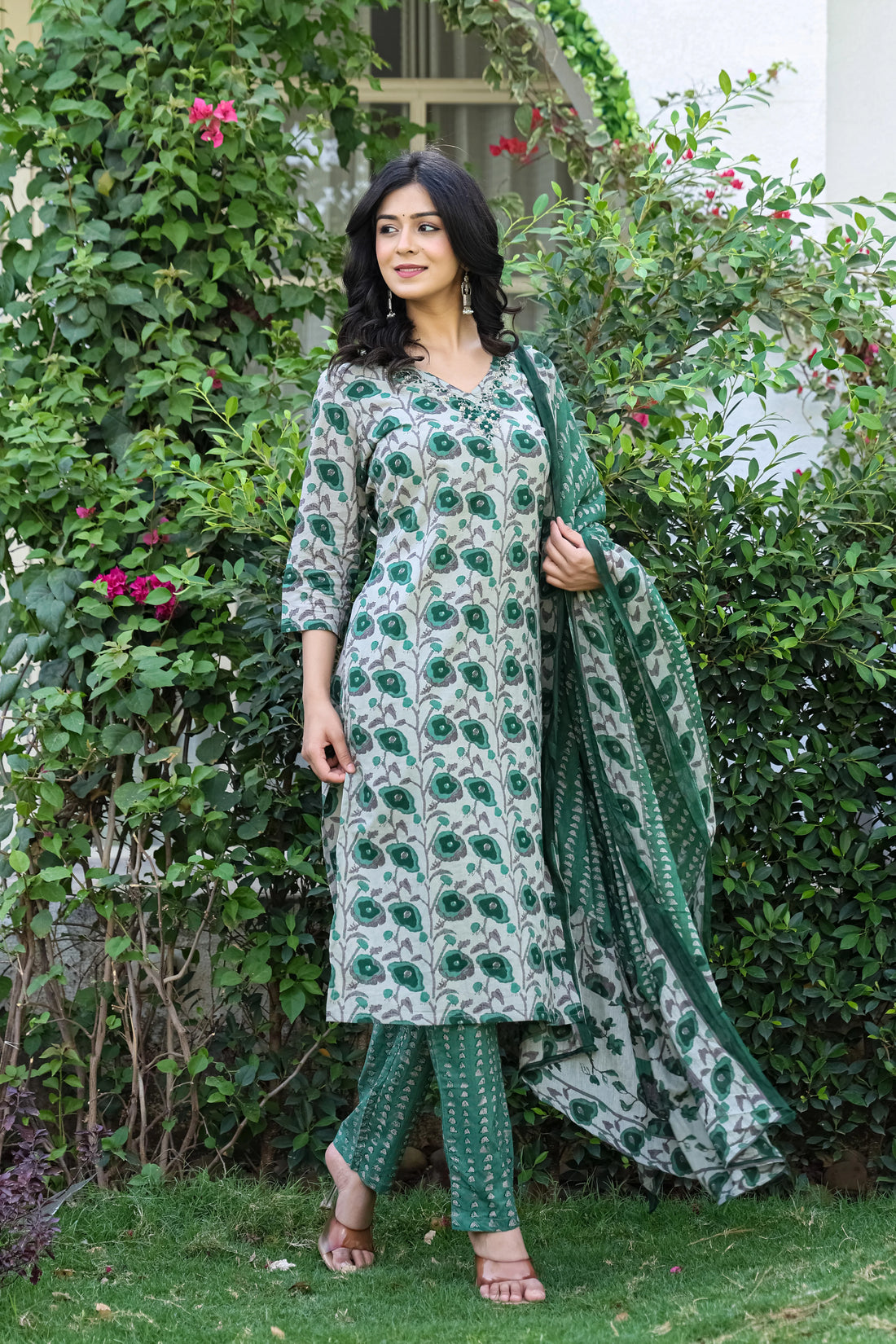 Green Cotton 3-Piece Set with Hand Work