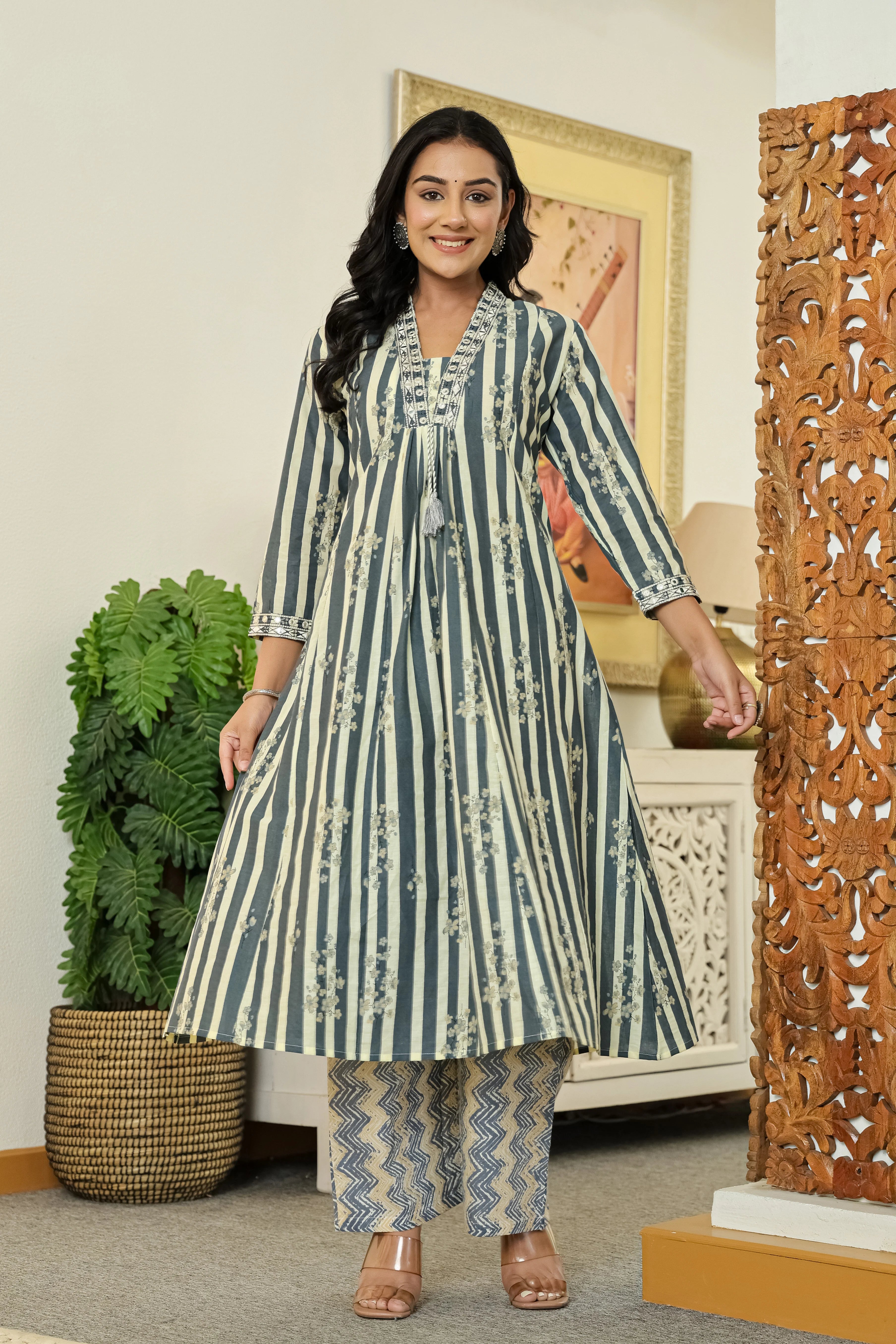 Grey Printed Cotton A-Line Kurta Pant Dupatta Set