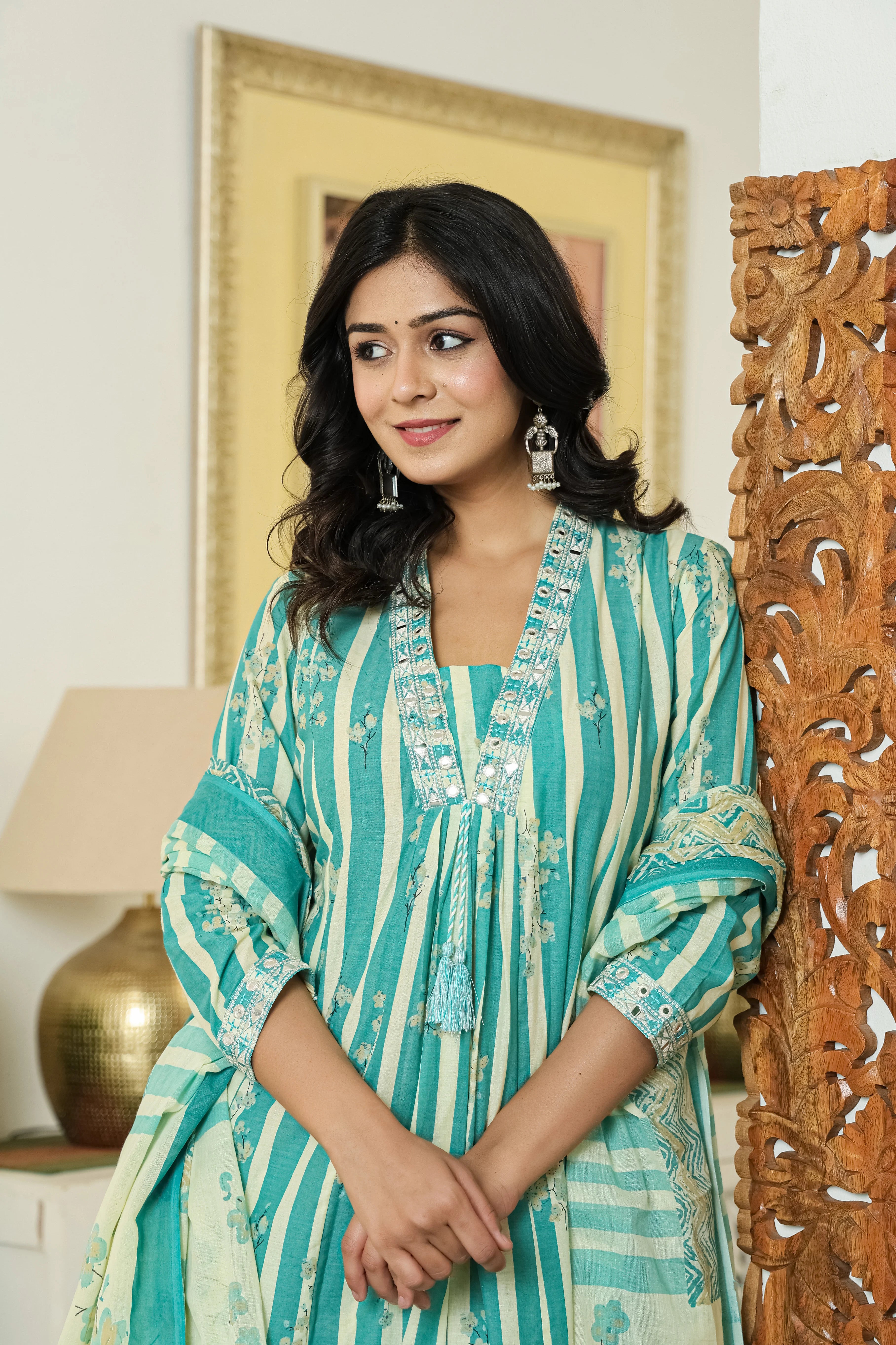 Sea Green Printed Cotton A-Line Kurta Pant Dupatta Set