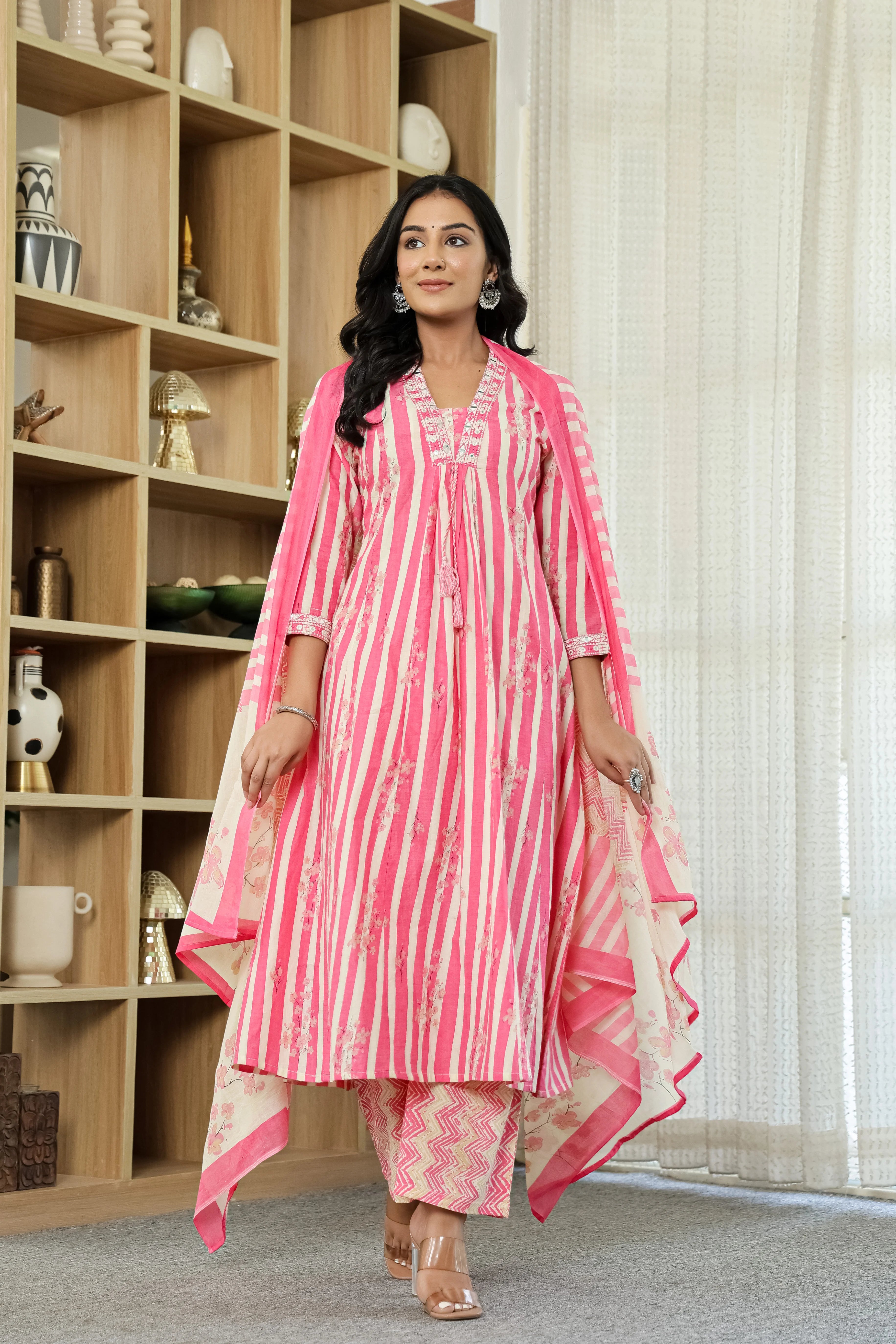 Pink Straight Cotton Kurta Pant Dupatta Set