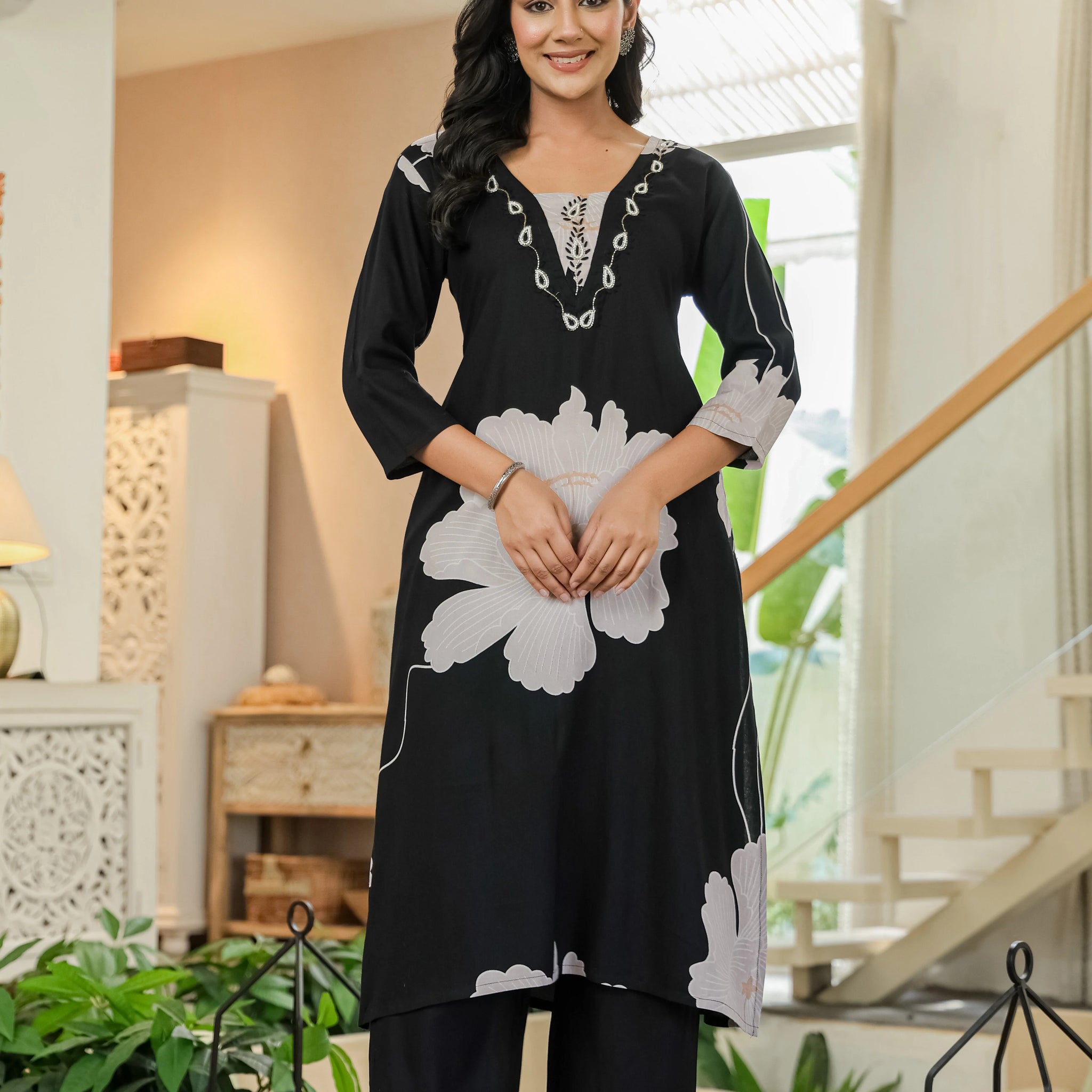 Black & White Floral Kurta Set