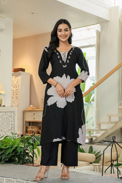 Black & White Floral Kurta Set
