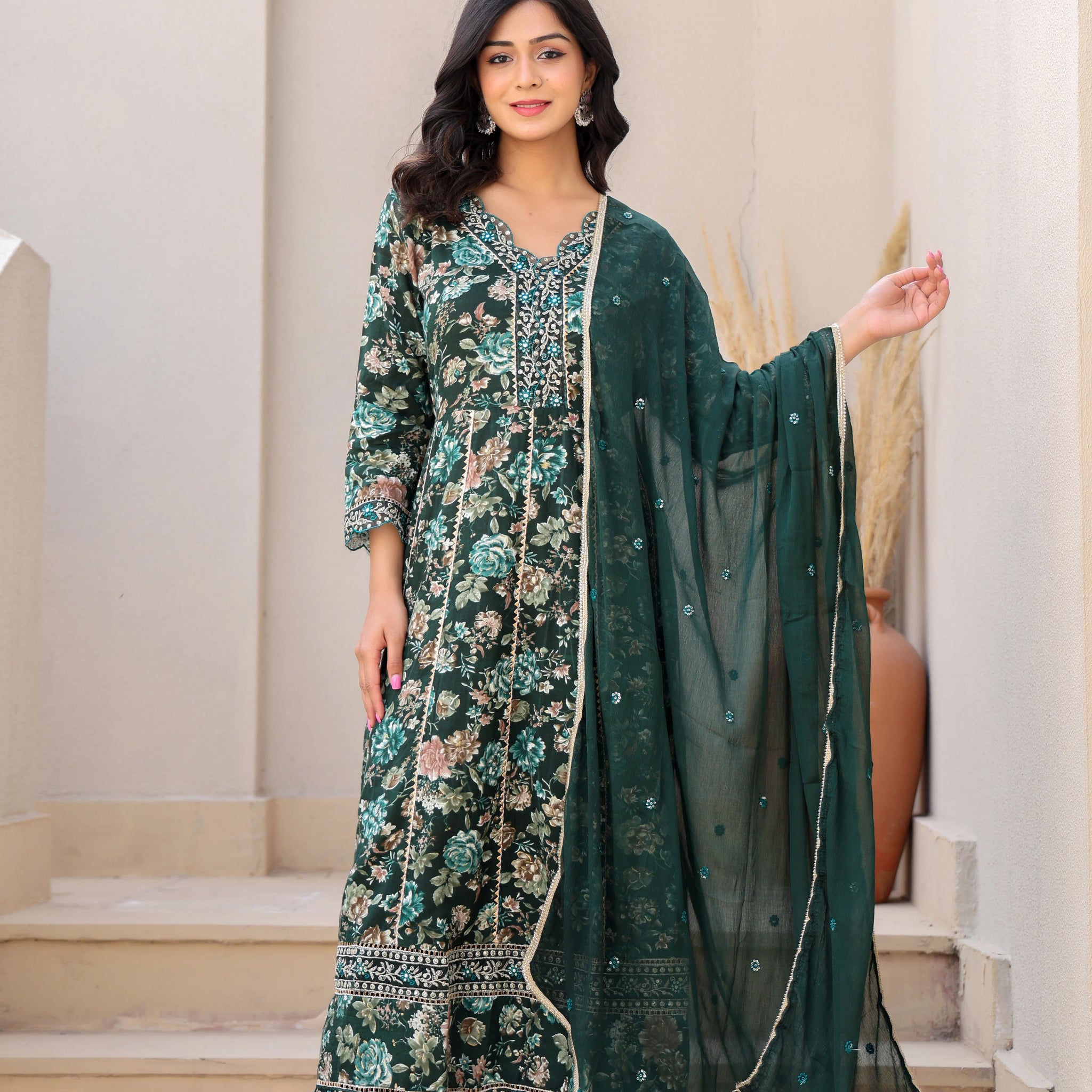 Dark Green Heavy Embroidery Floral Kurta Set with Dupatta
