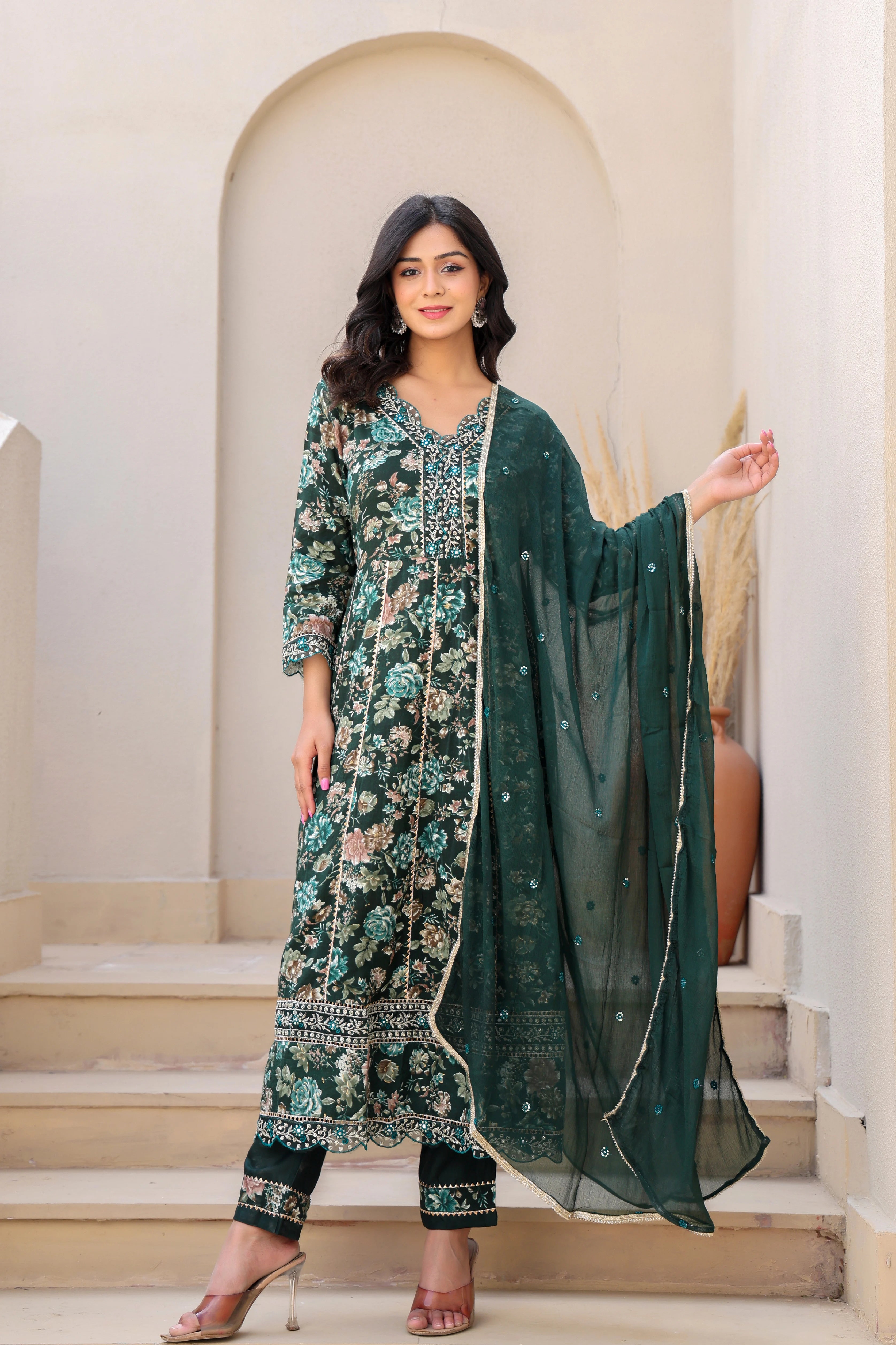 Dark Green Heavy Embroidery Floral Kurta Set with Dupatta