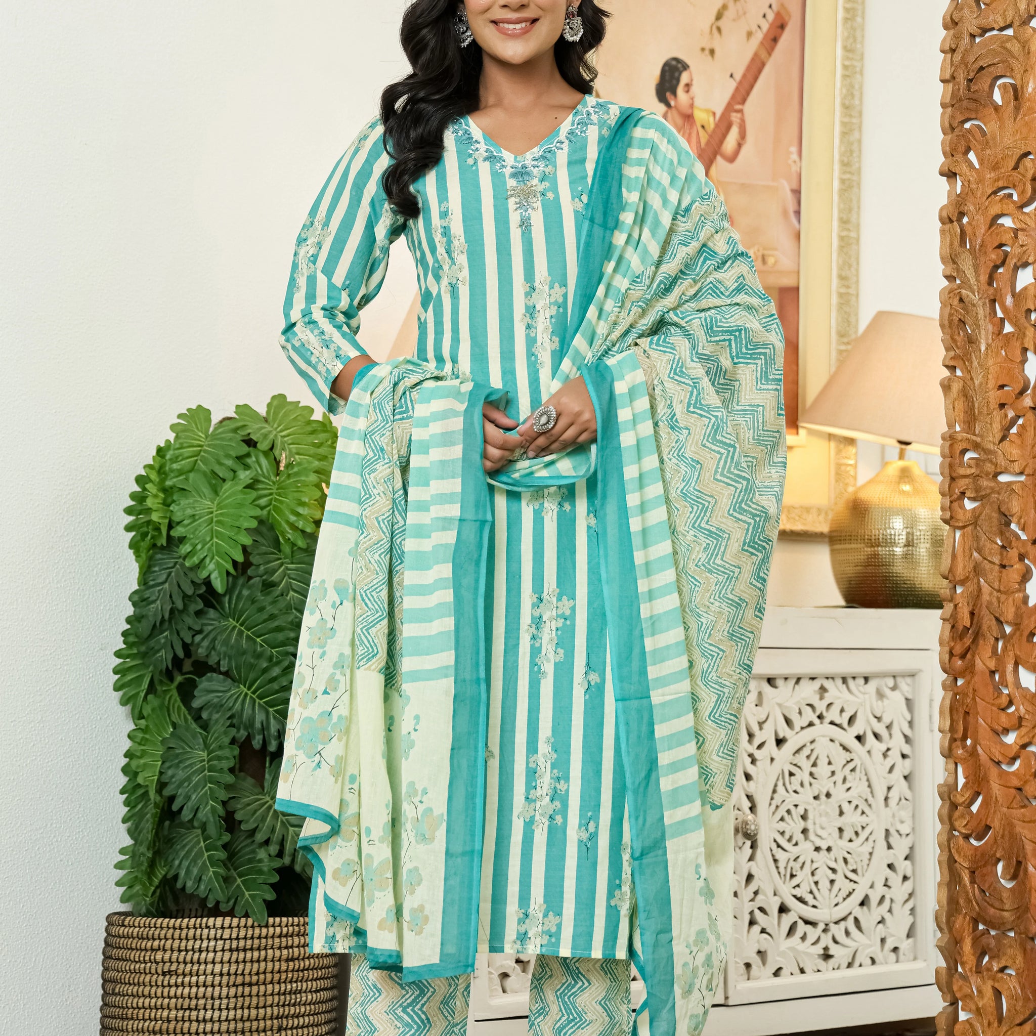 Turquoise Straight Cotton Kurta Pant Dupatta Set