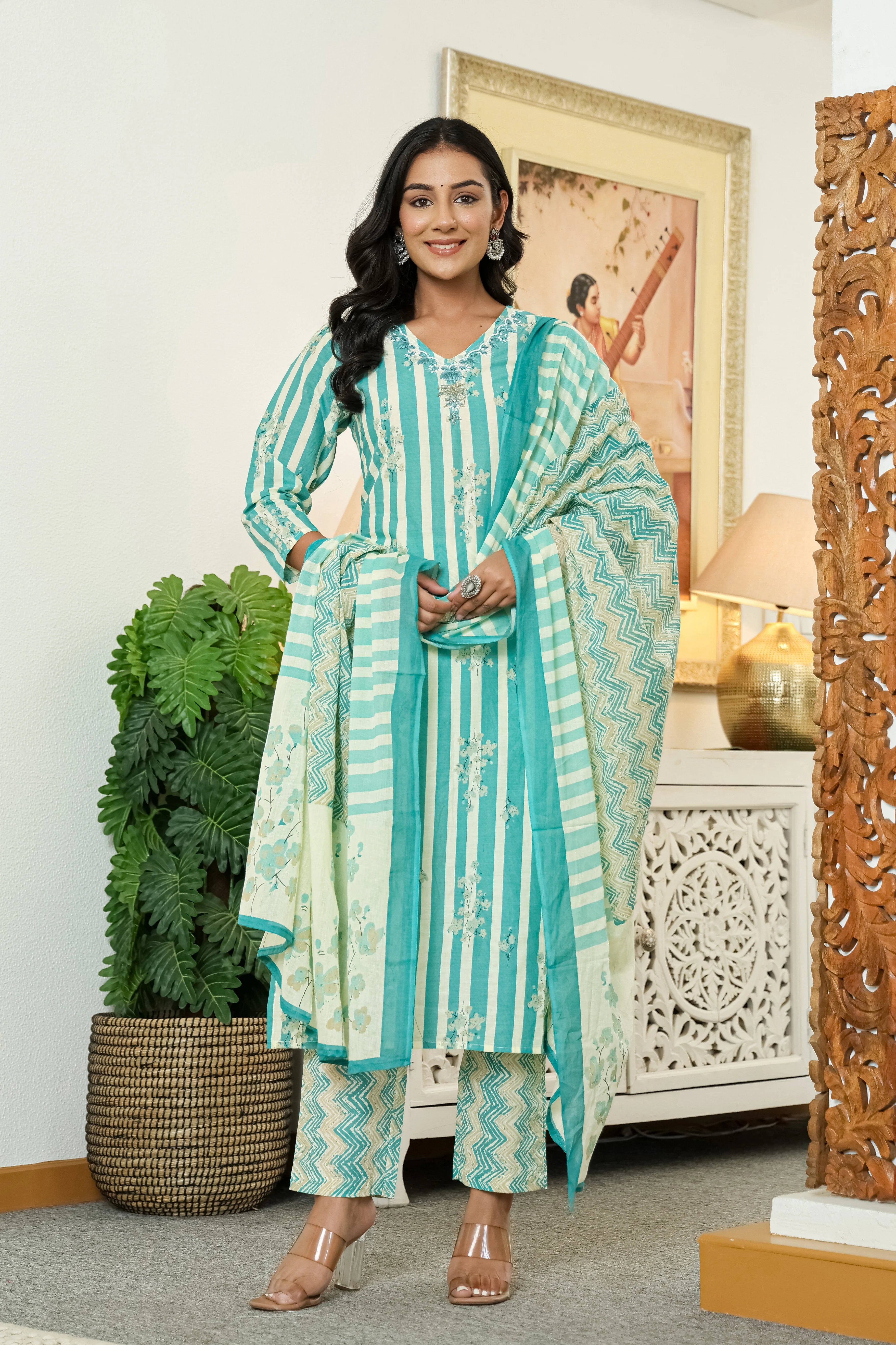 Turquoise Straight Cotton Kurta Pant Dupatta Set