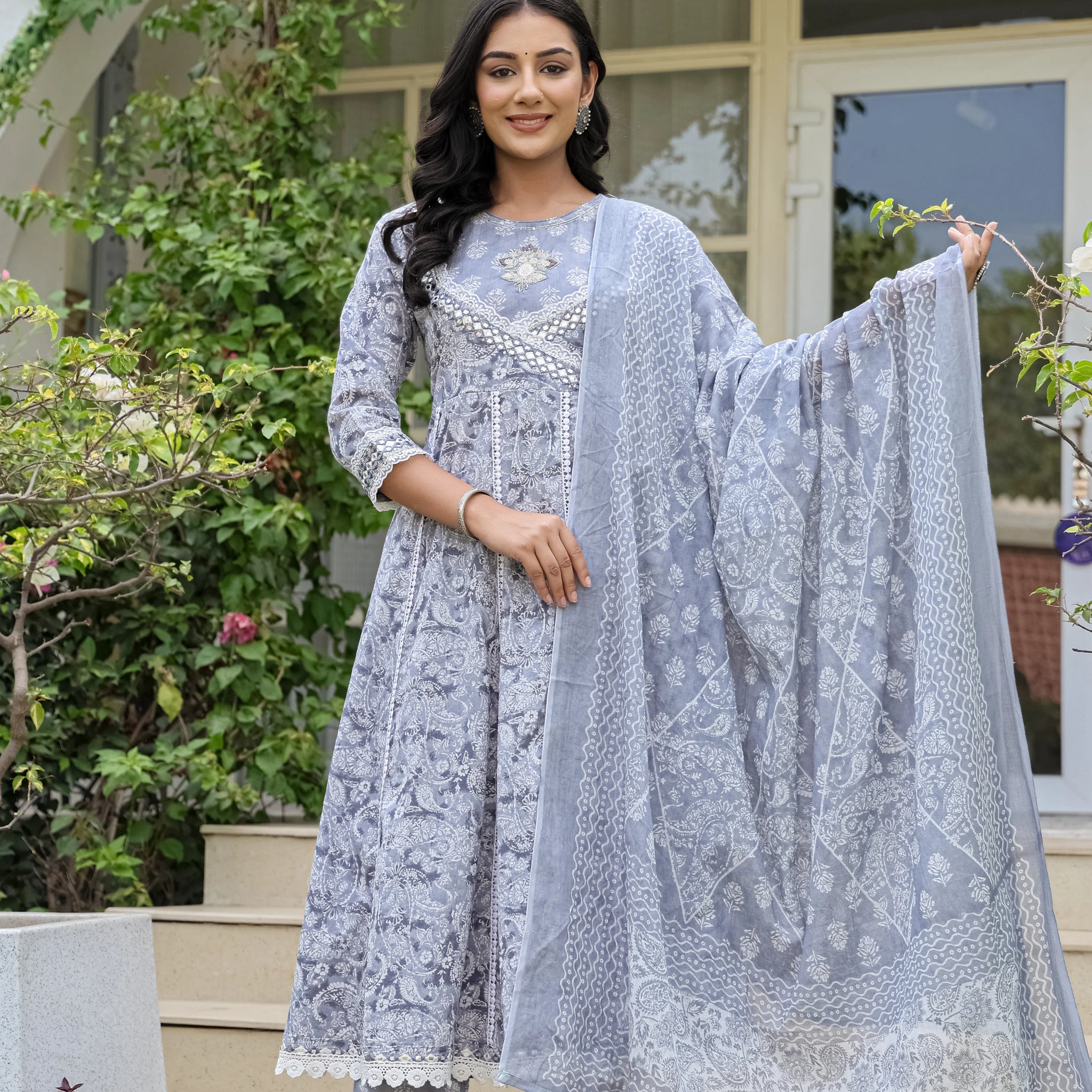 Beautiful Grey Heavy Embroidery Cotton Anarkali Suit Set