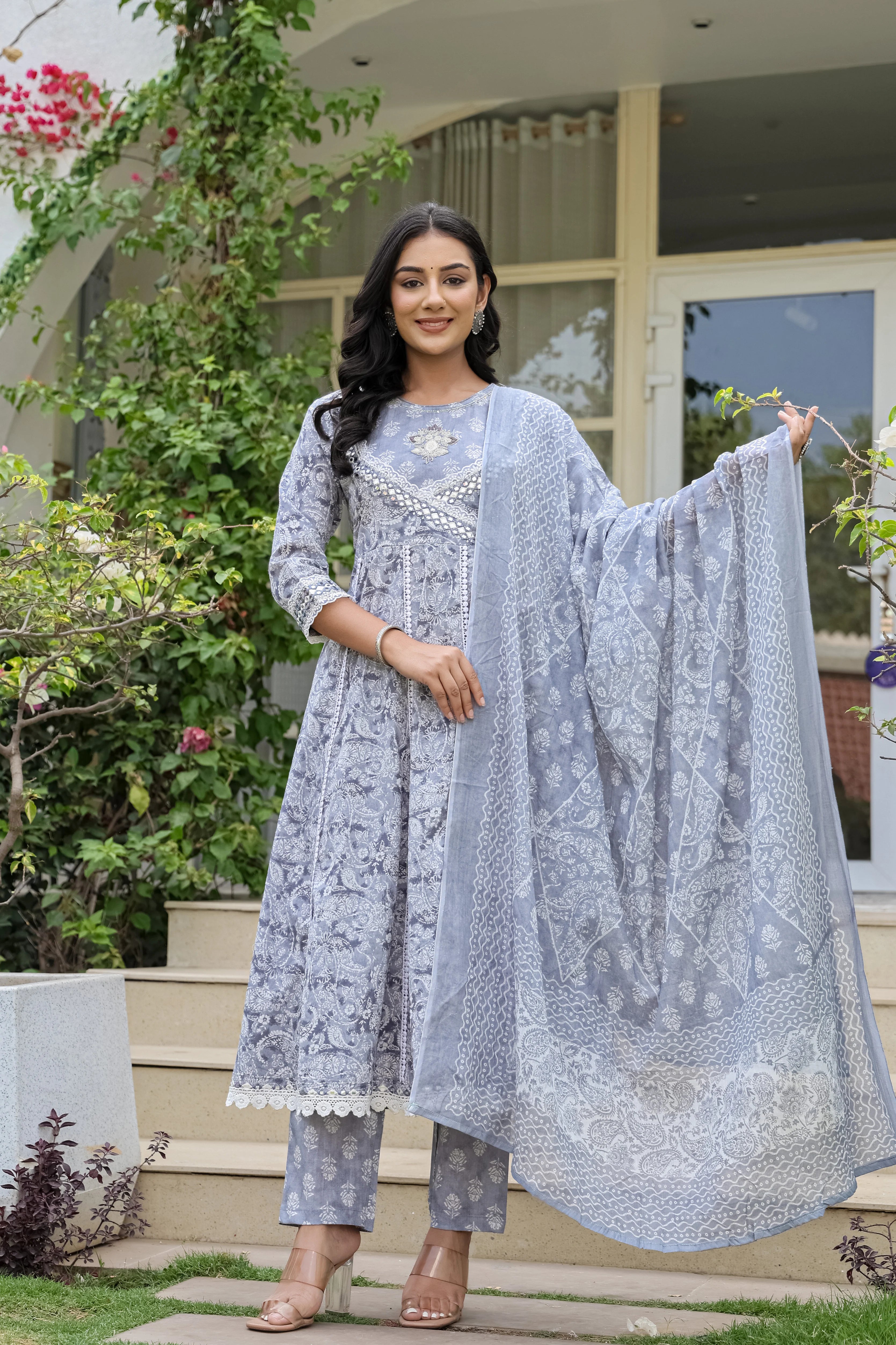 Beautiful Grey Heavy Embroidery Cotton Anarkali Suit Set