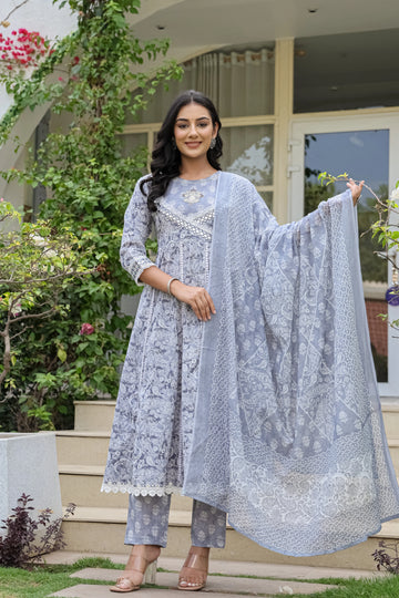 Beautiful Grey Heavy Embroidery Cotton Anarkali Suit Set