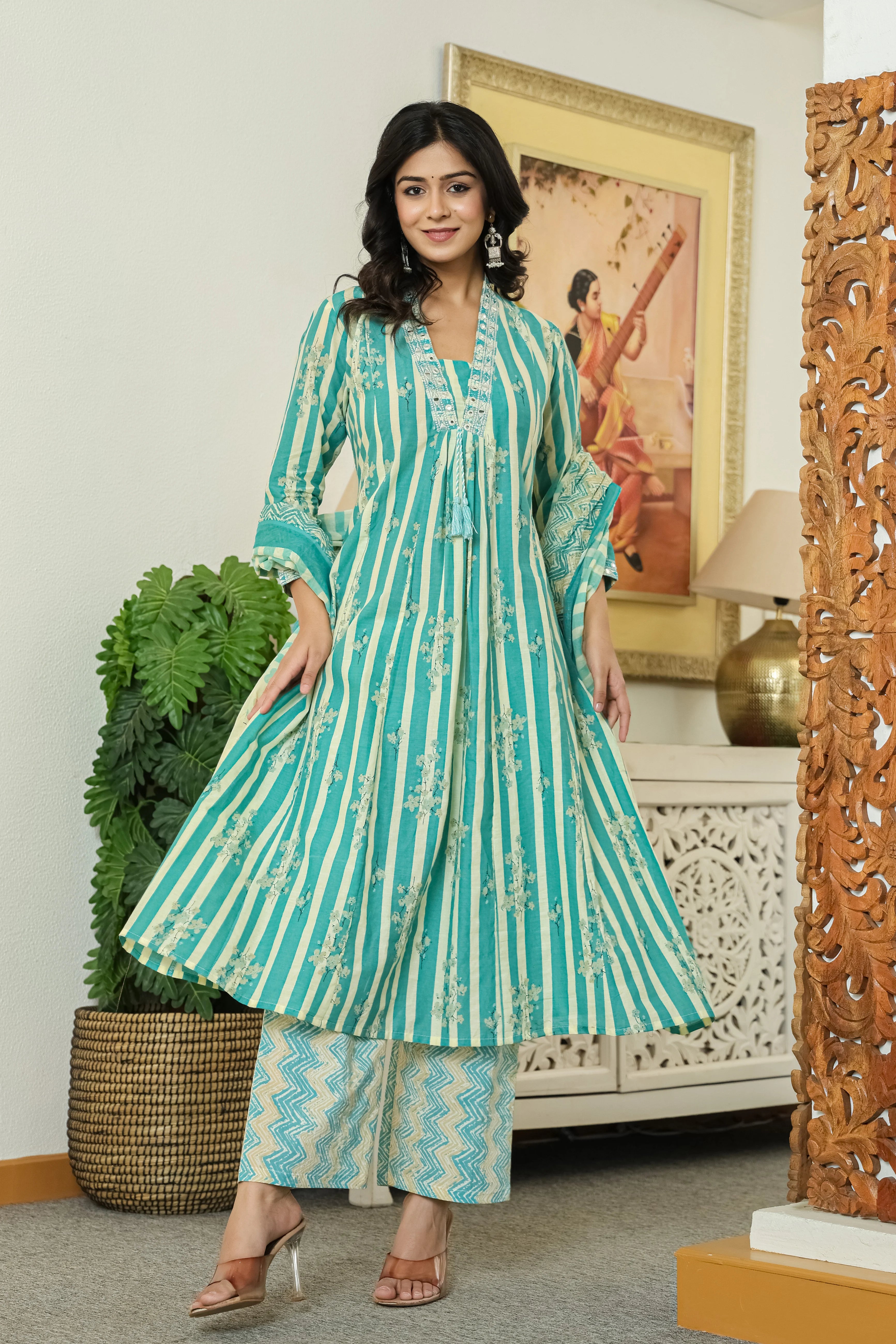 Sea Green Printed Cotton A-Line Kurta Pant Dupatta Set