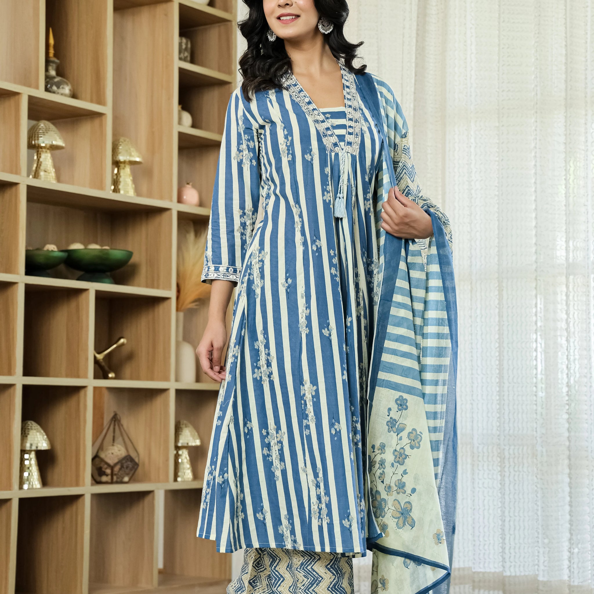 Blue Straight Cotton Kurta Pant Dupatta Set
