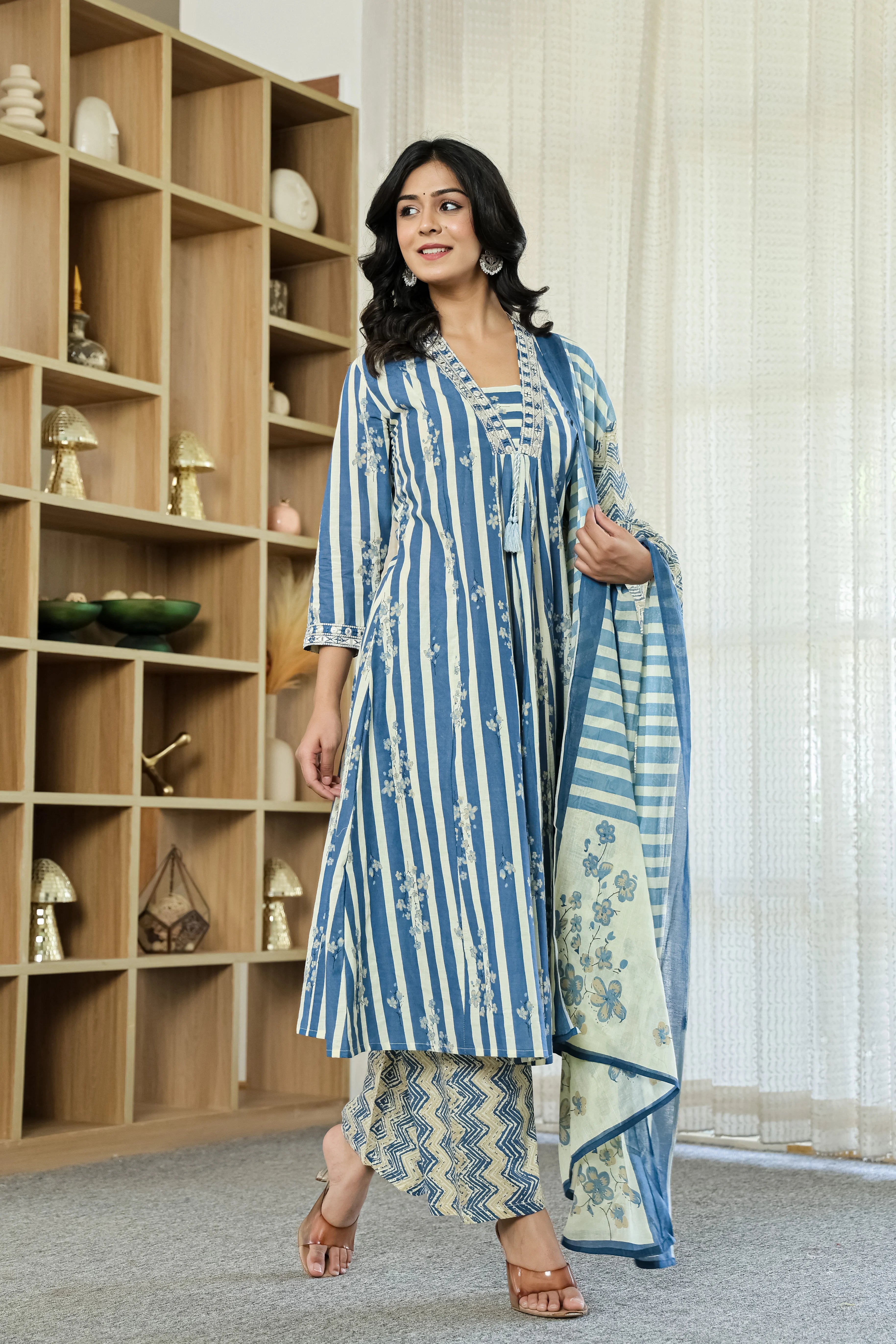 Blue Straight Cotton Kurta Pant Dupatta Set