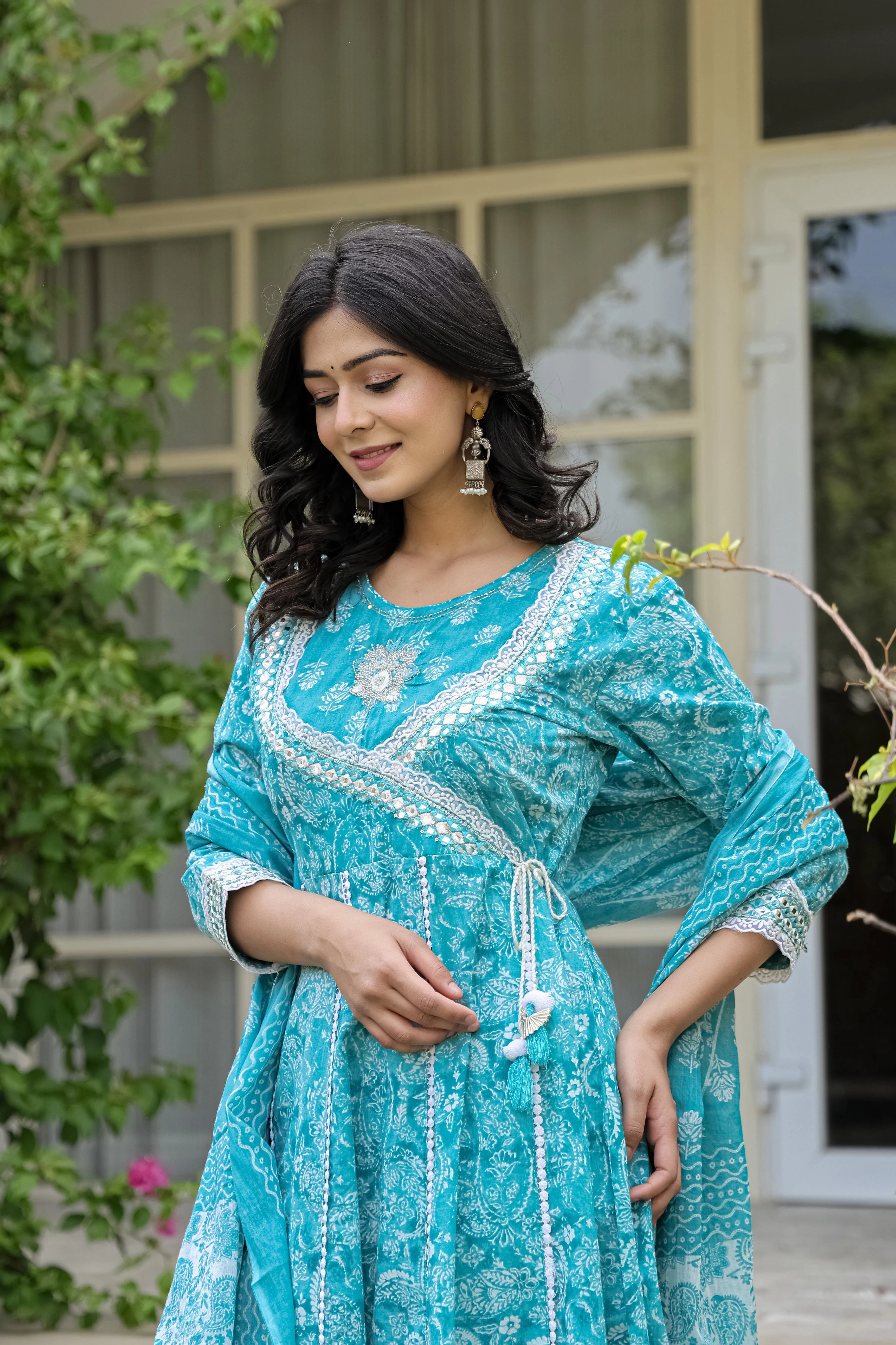 Teal Blue Heavy Embroidery Cotton Anarkali Suit Set