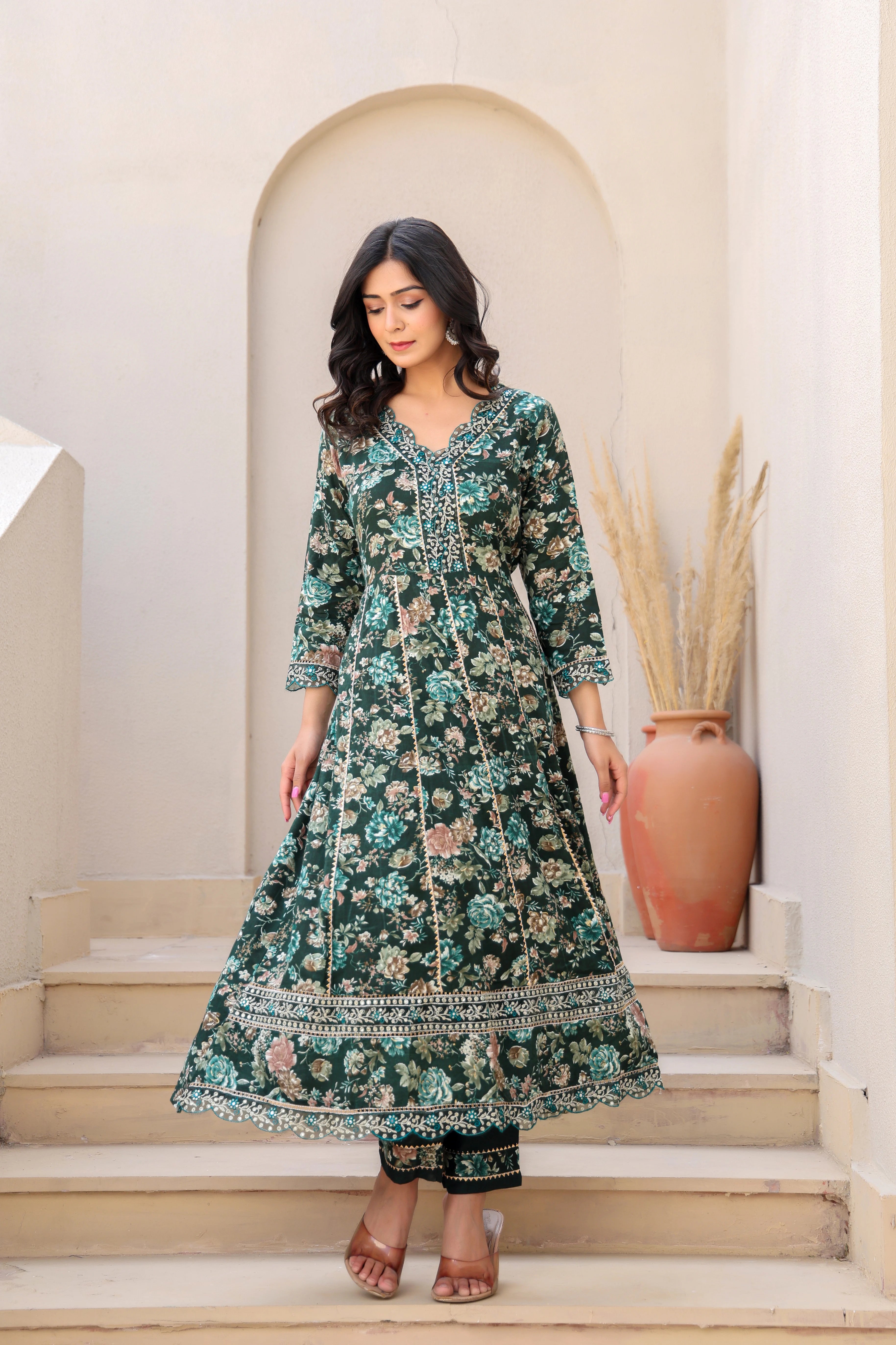 Dark Green Heavy Embroidery Floral Kurta Set with Dupatta
