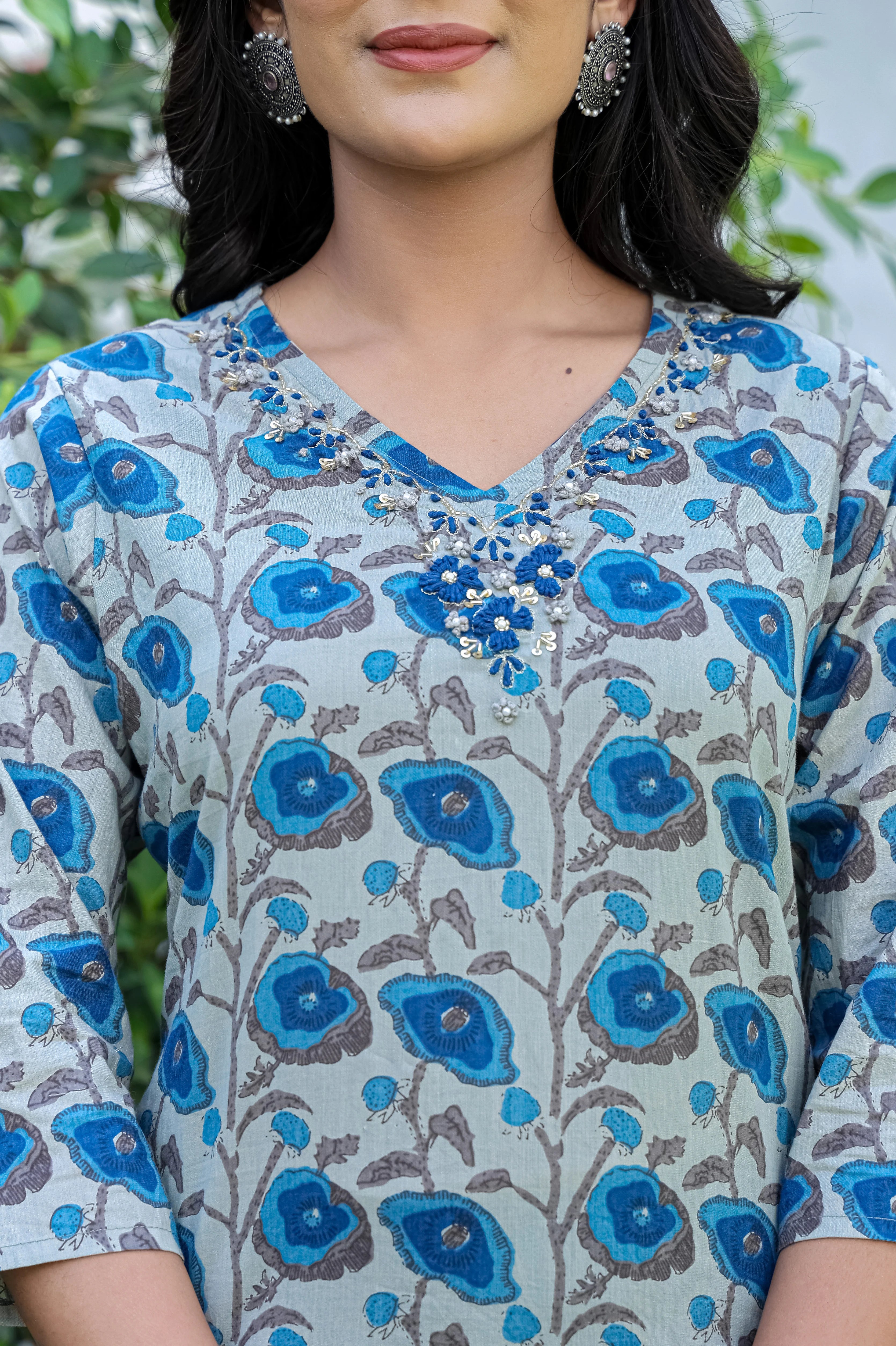 Blue Cotton 3-Piece Set with Hand Work