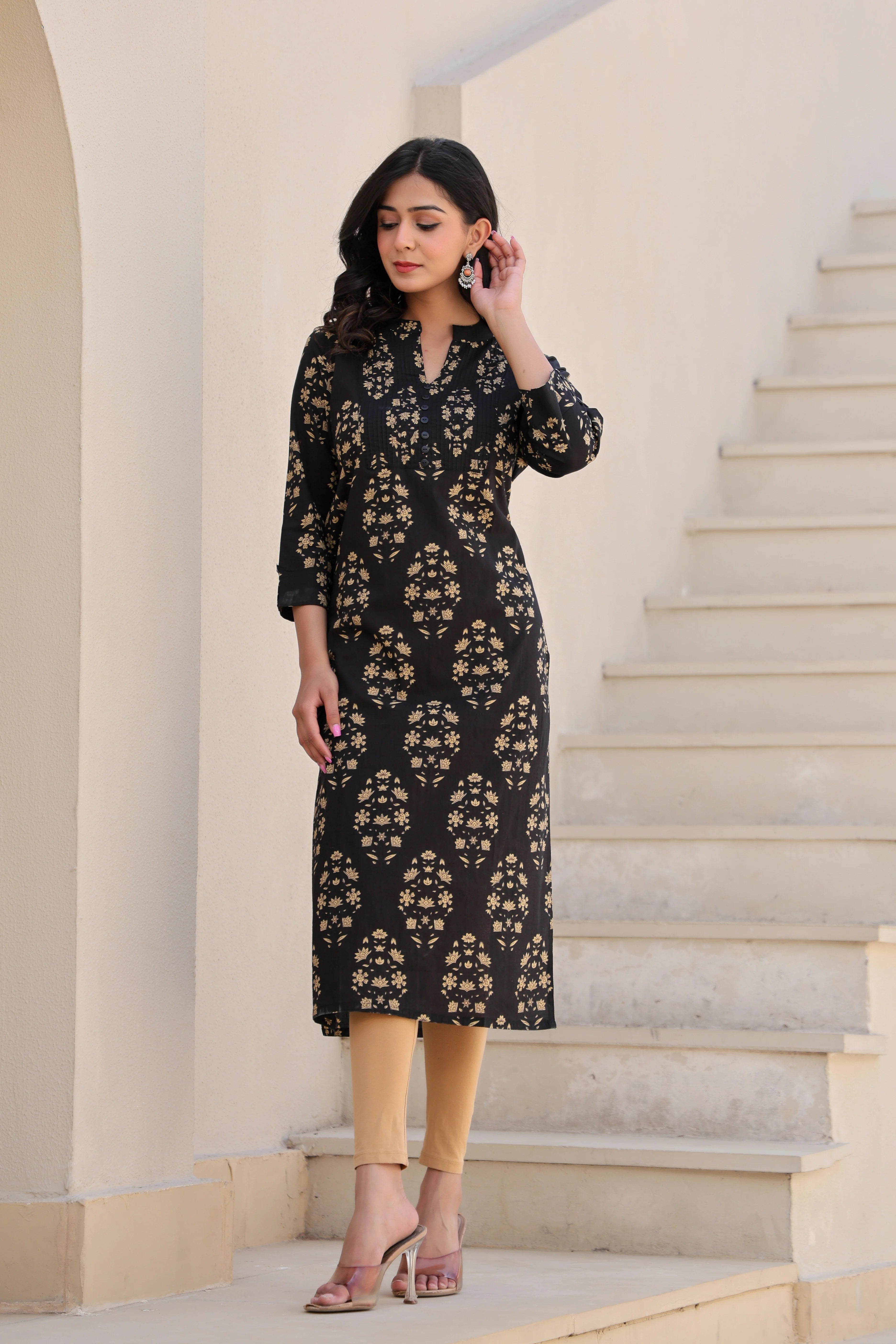 Black Printed Straight Kurti With Printex Work