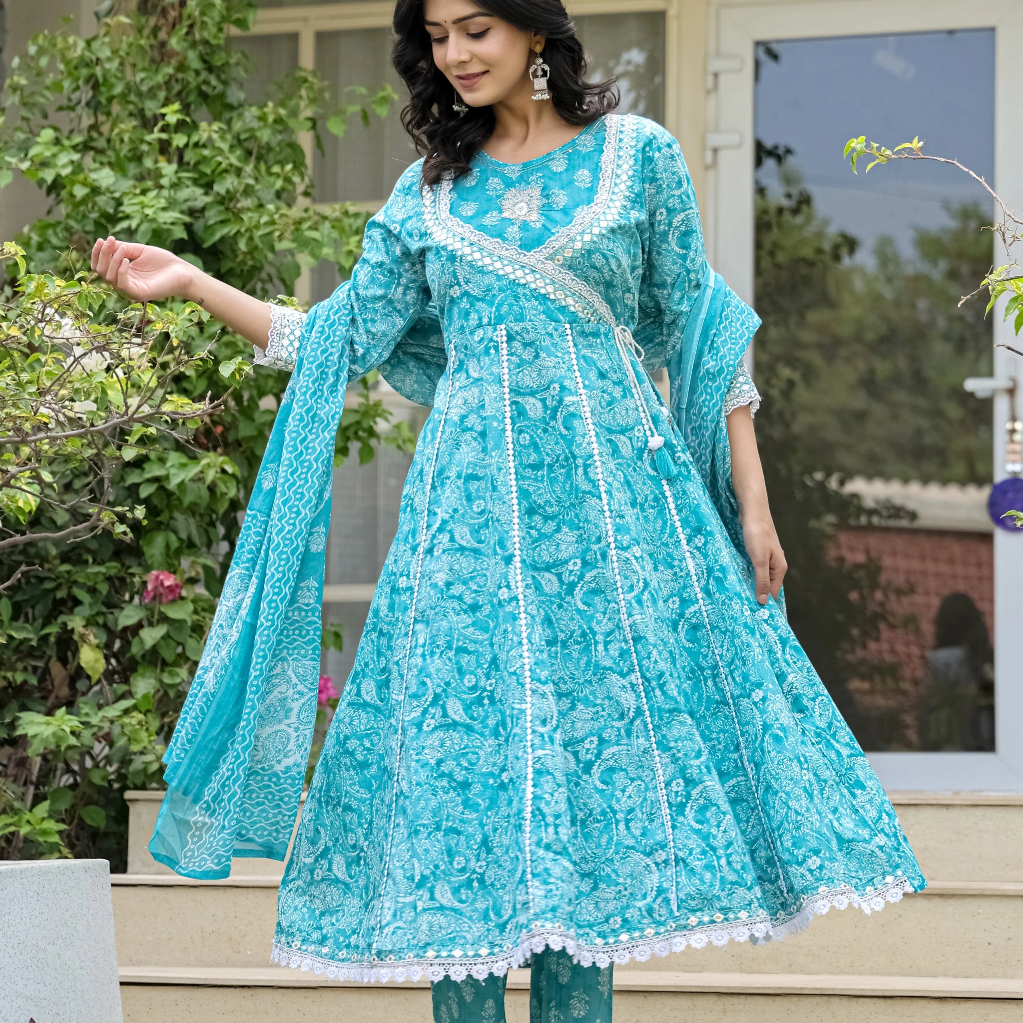 Teal Blue Heavy Embroidery Cotton Anarkali Suit Set