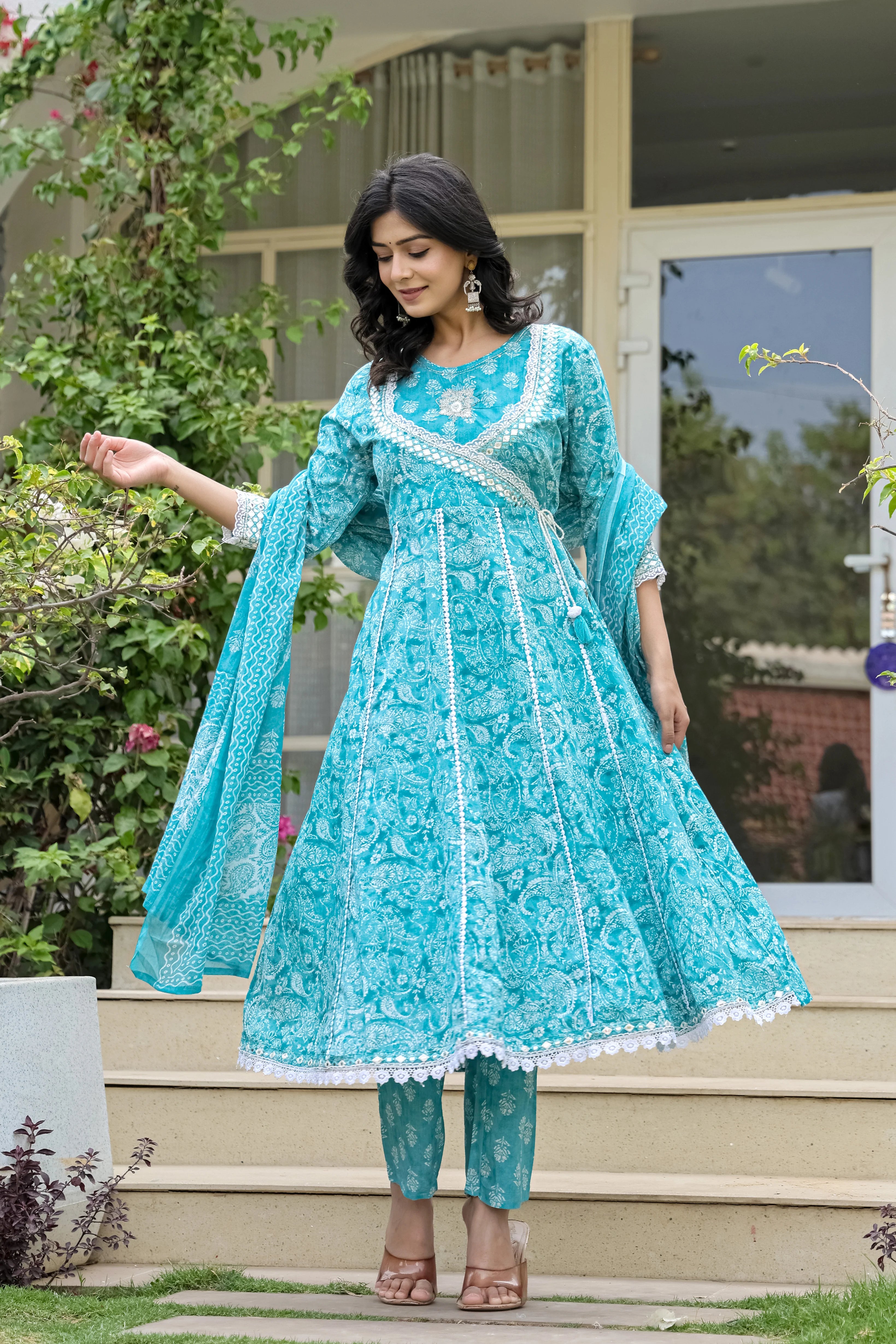 Teal Blue Heavy Embroidery Cotton Anarkali Suit Set