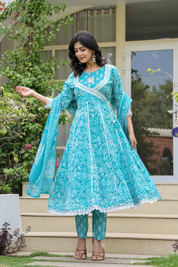 Teal Blue Heavy Embroidery Cotton Anarkali Suit Set