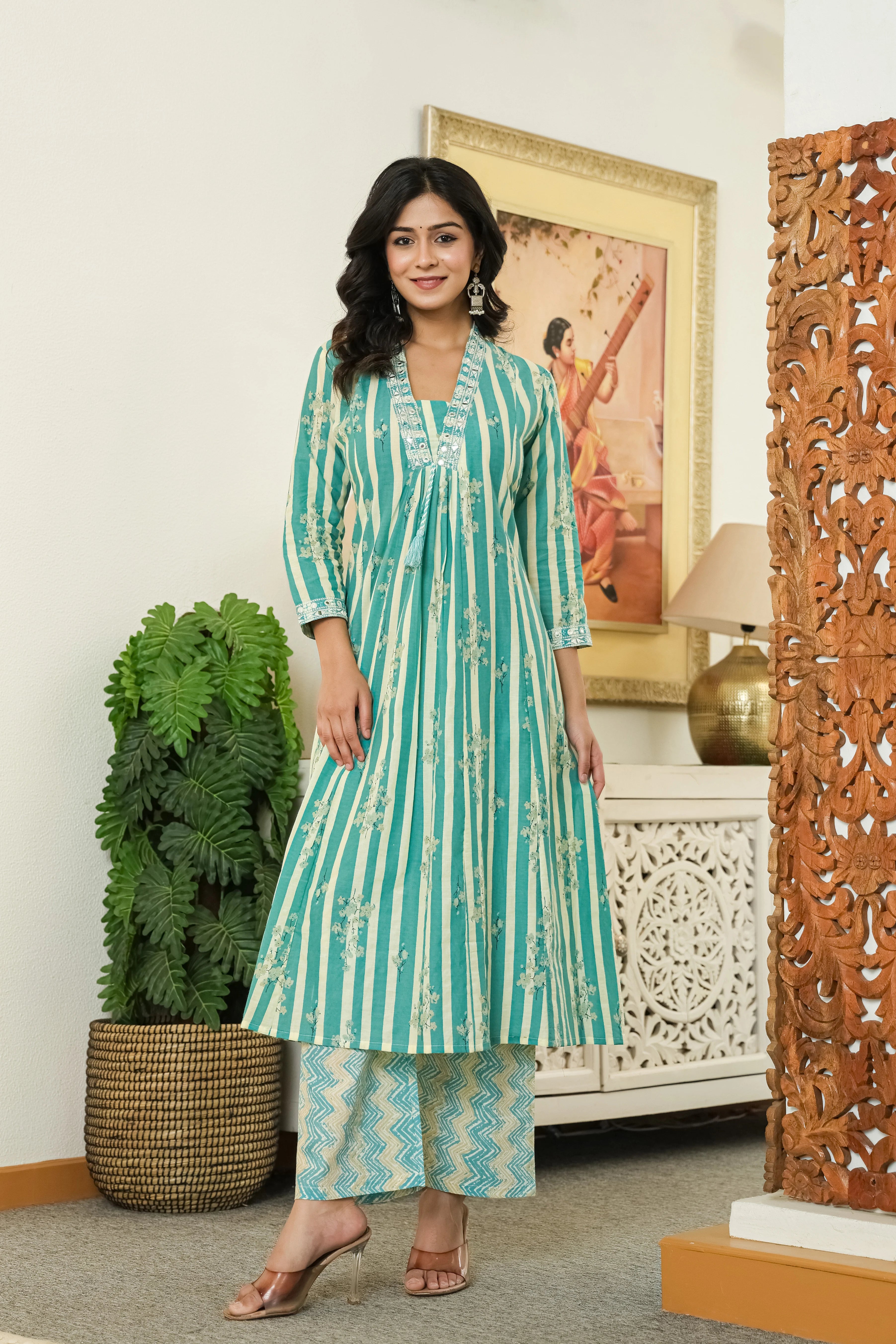 Sea Green Printed Cotton A-Line Kurta Pant Dupatta Set