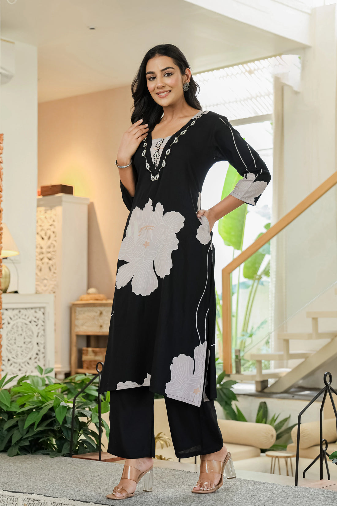 Black & White Floral Kurta Set