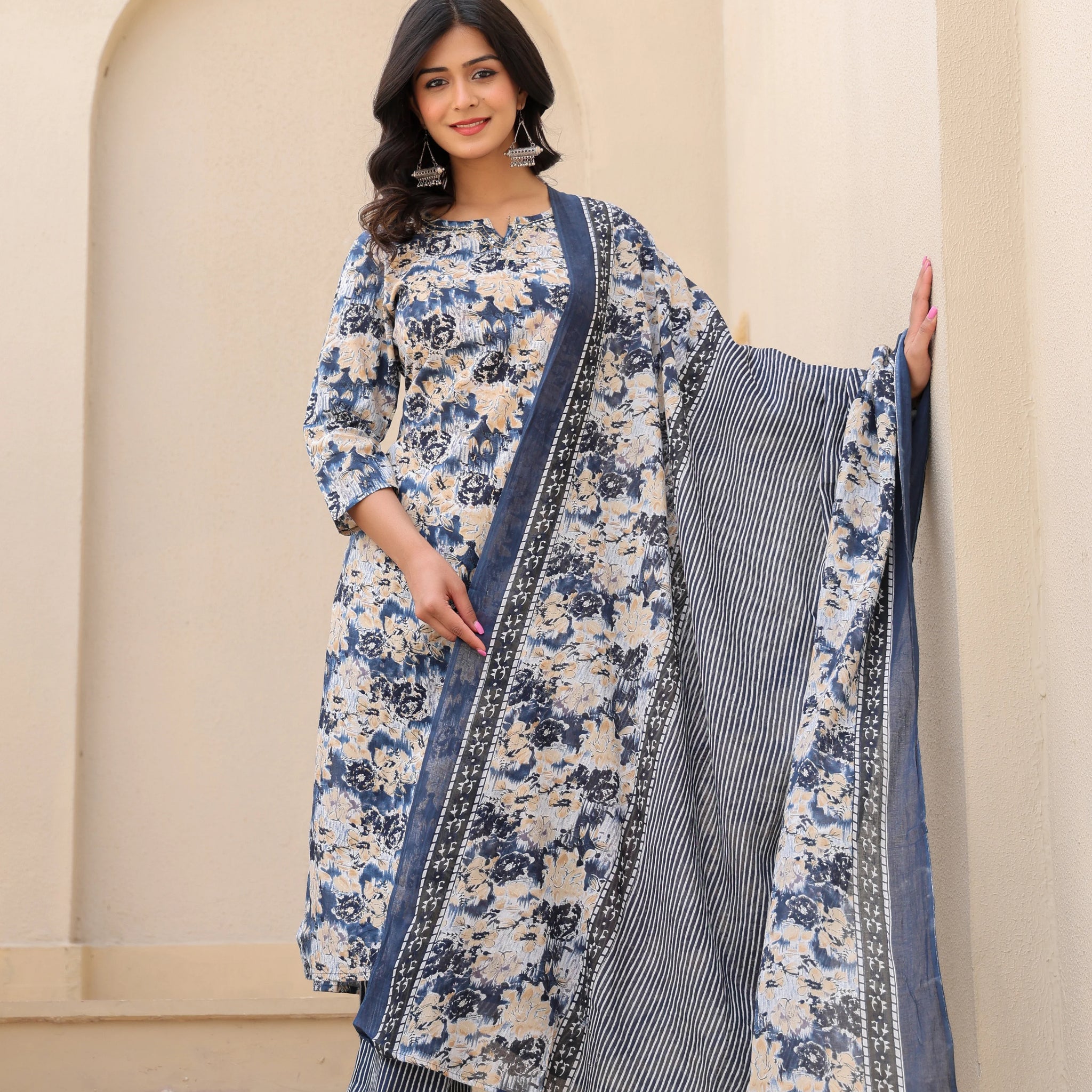 Blue Blossom Serenity– Floral Cotton Suit Set
