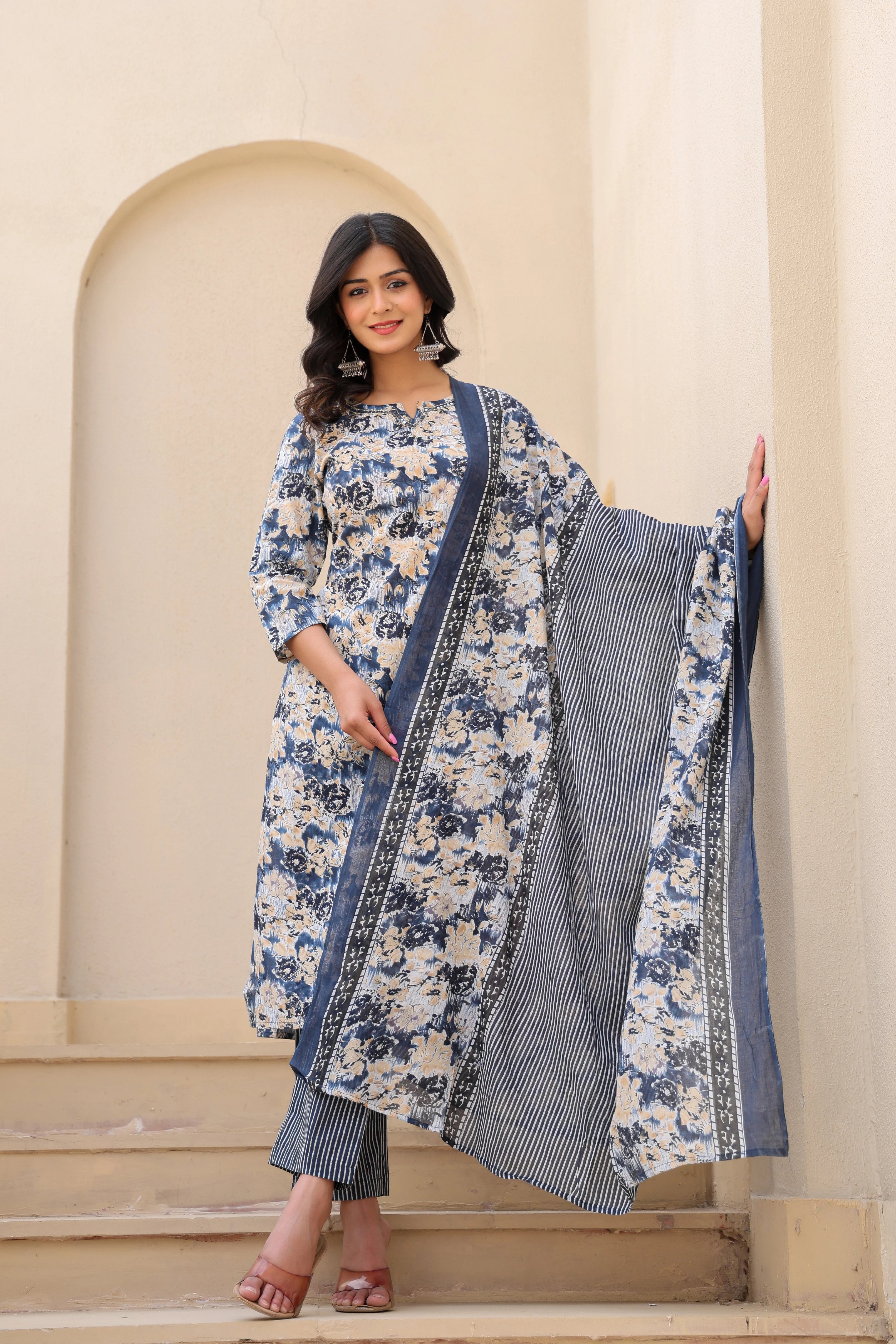 Blue Blossom Serenity– Floral Cotton Suit Set