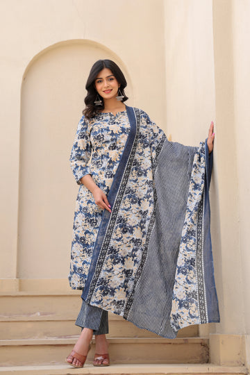 Blue Blossom Serenity– Floral Cotton Suit Set