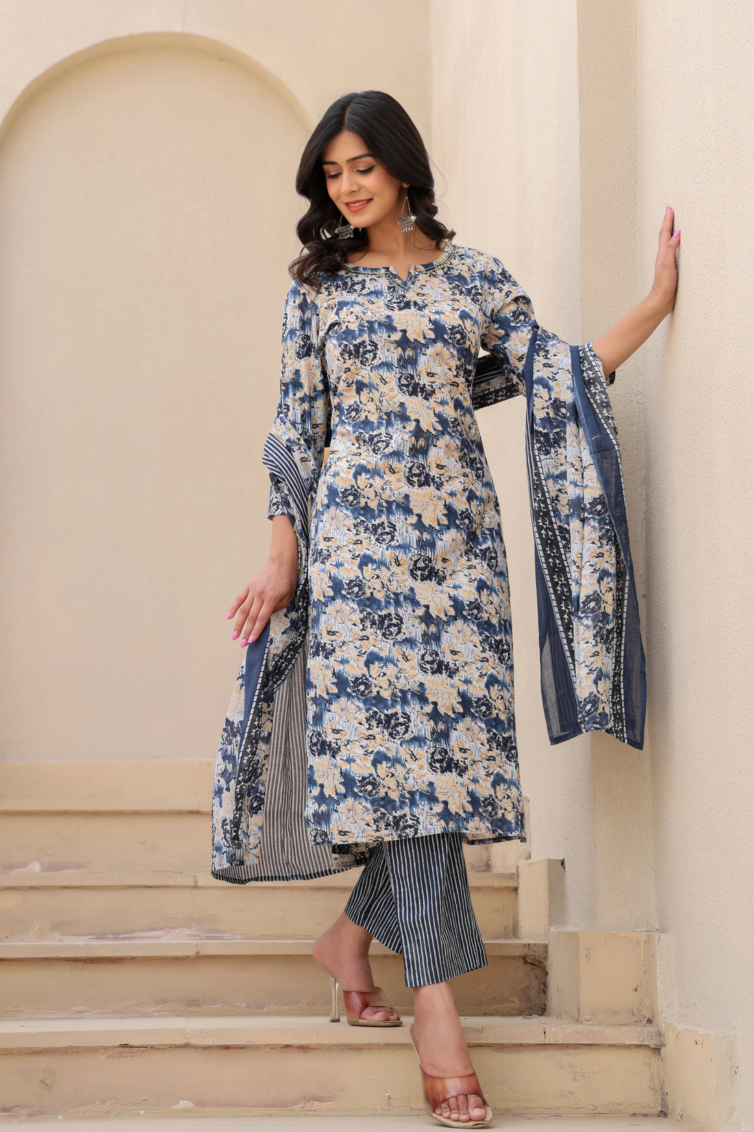 Blue Blossom Serenity– Floral Cotton Suit Set