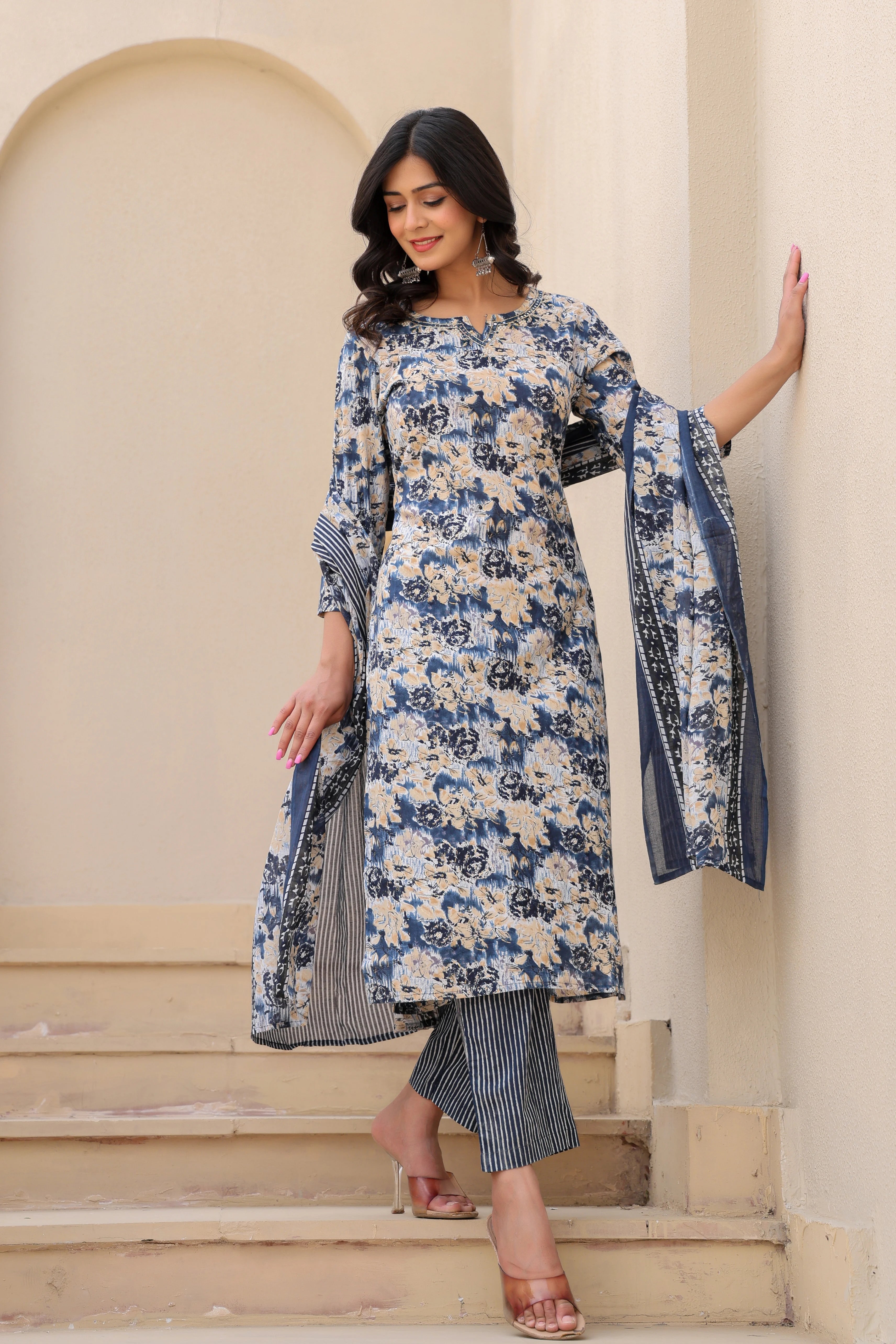 Blue Blossom Serenity– Floral Cotton Suit Set