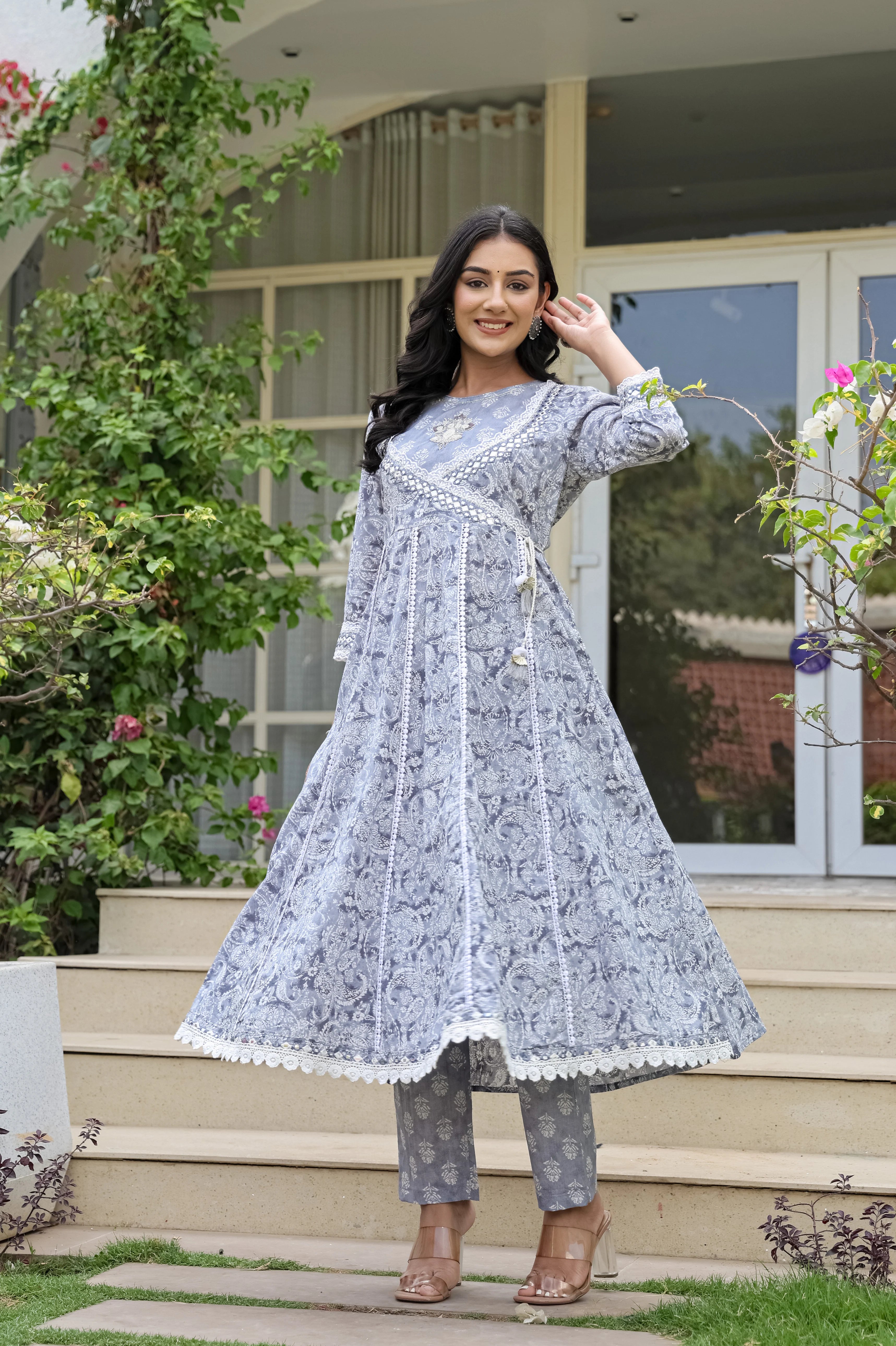 Beautiful Grey Heavy Embroidery Cotton Anarkali Suit Set