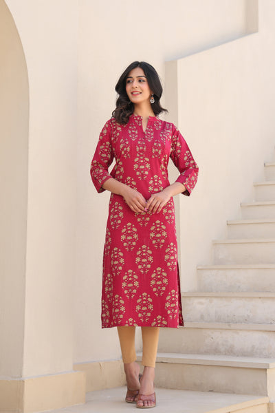 Red Printed Straight Kurti With Printex Work