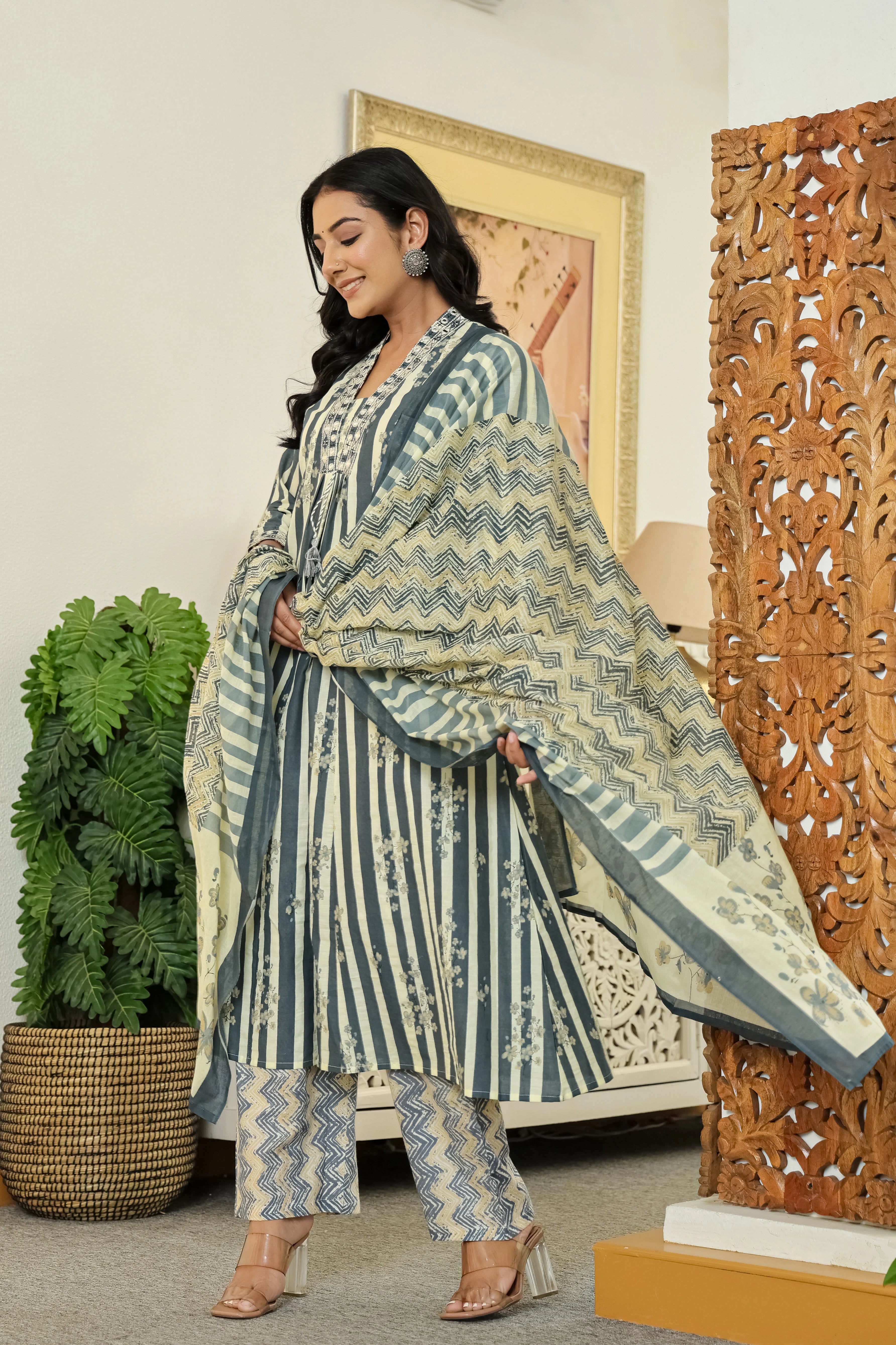 Grey Printed Cotton A-Line Kurta Pant Dupatta Set