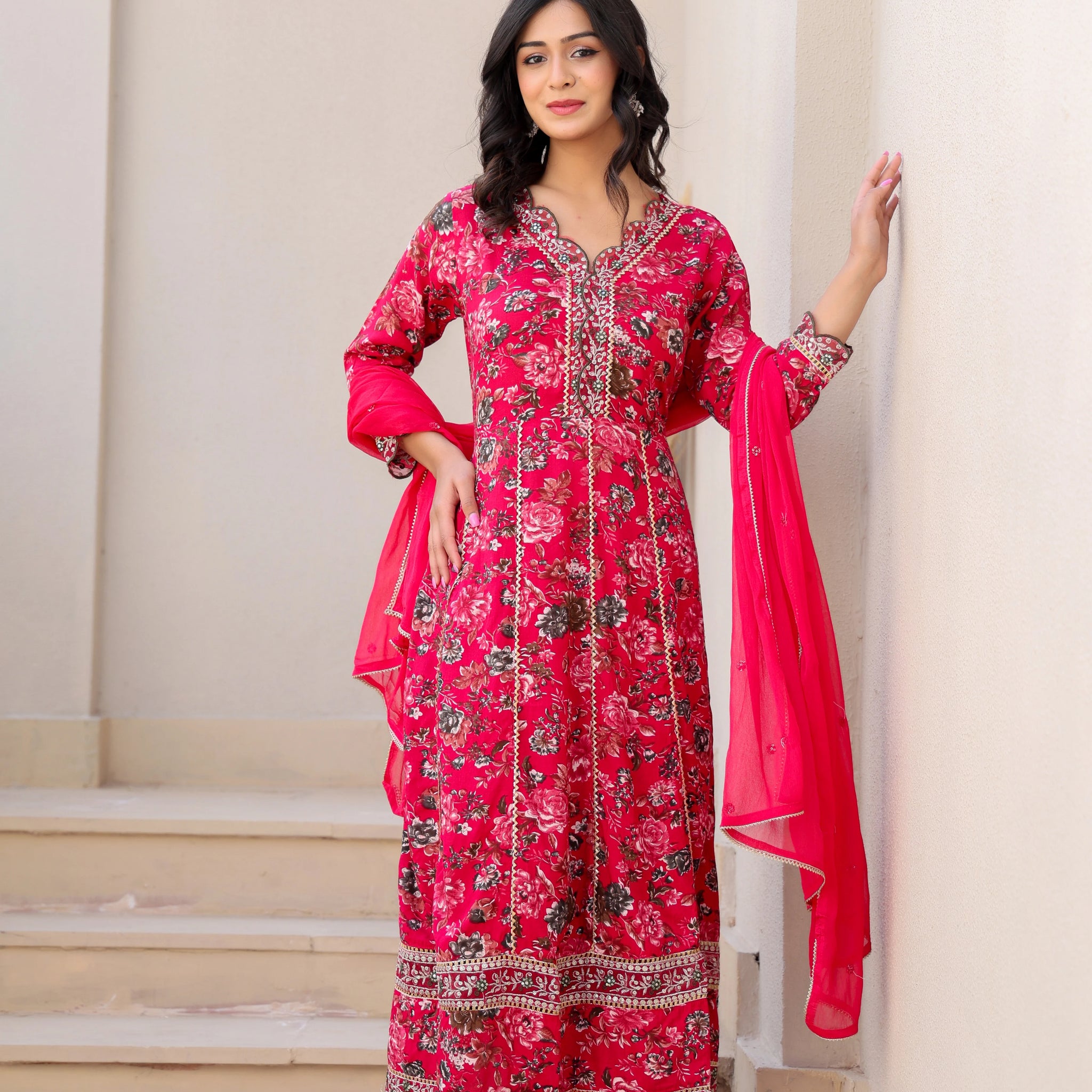 Beautiful Red Heavy Embroidery Floral Kurta Set with Dupatta