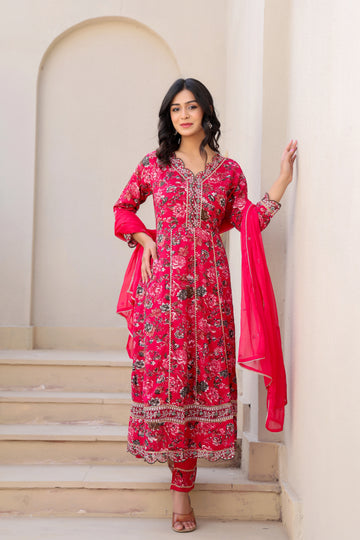 Beautiful Red Heavy Embroidery Floral Kurta Set with Dupatta