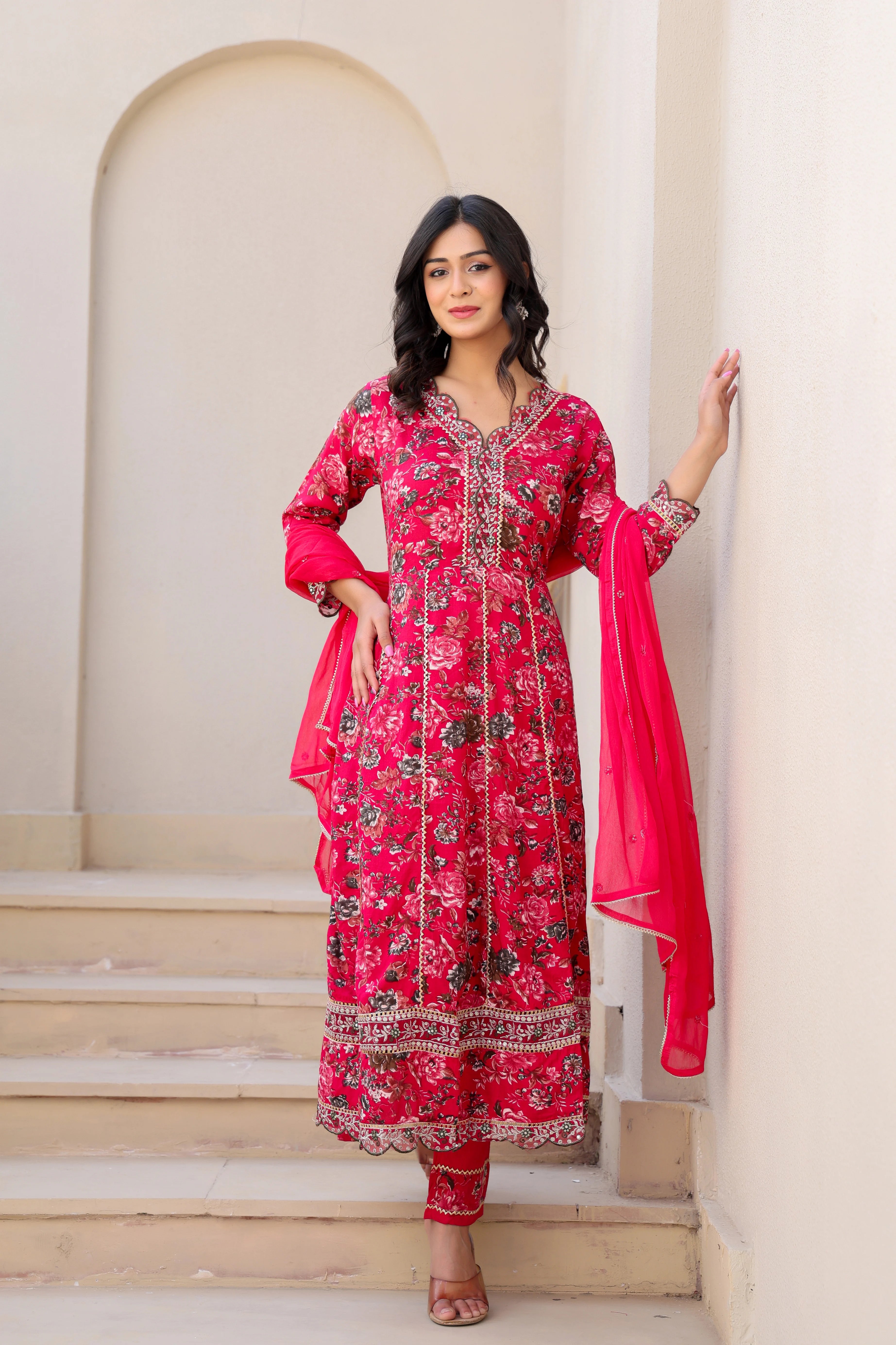 Beautiful Red Heavy Embroidery Floral Kurta Set with Dupatta