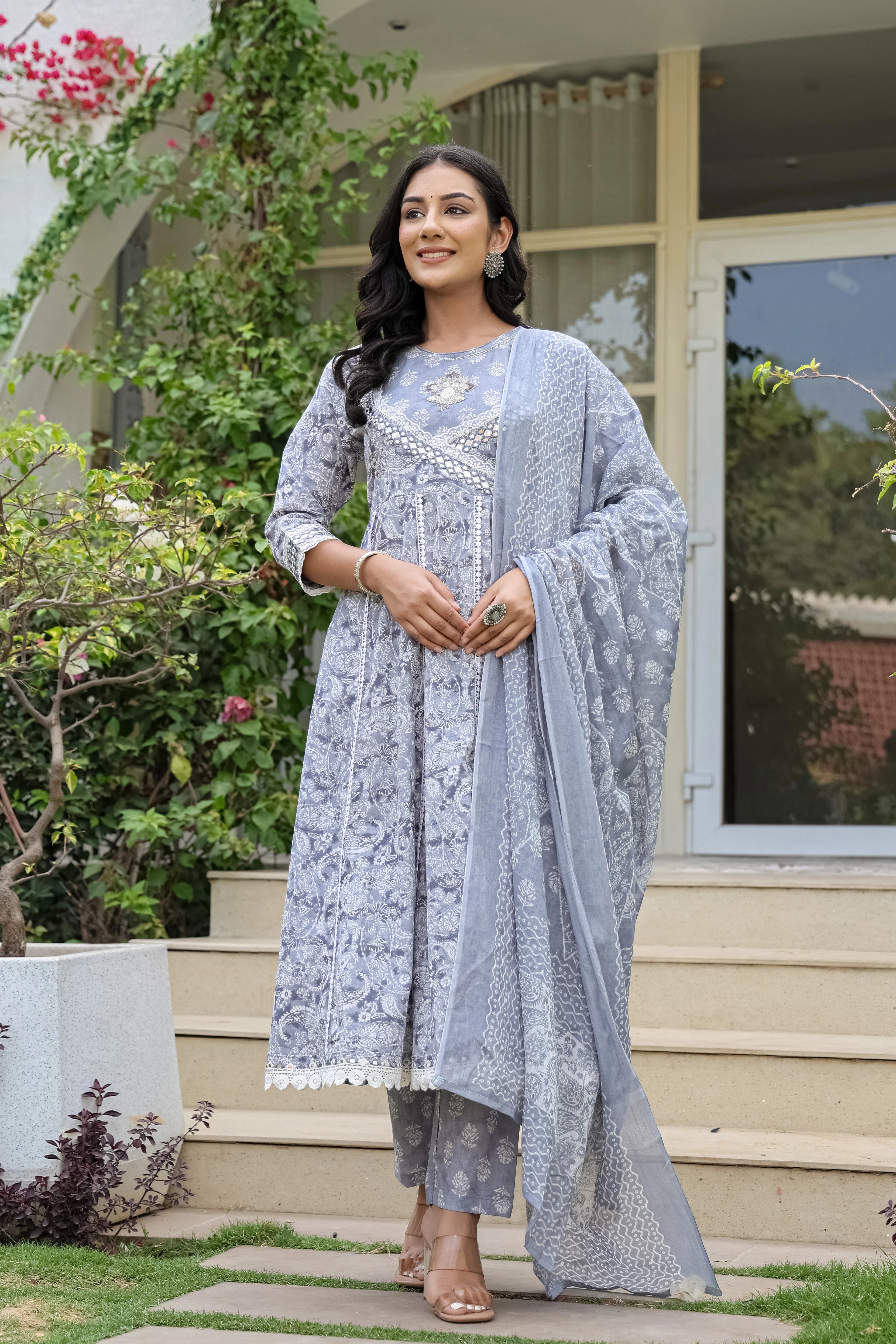 Beautiful Grey Heavy Embroidery Cotton Anarkali Suit Set