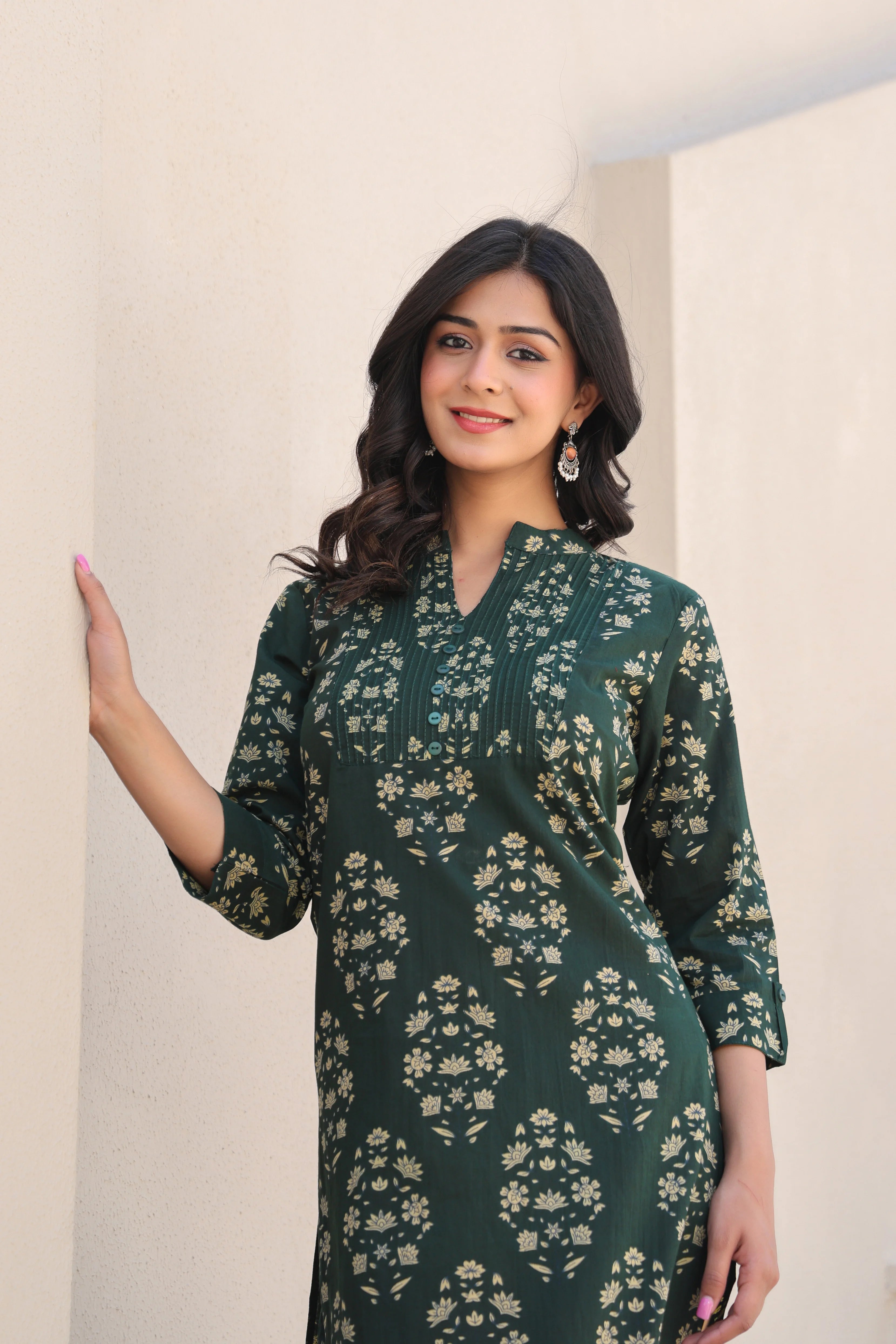 Green Printed Straight Kurti With Printex Work