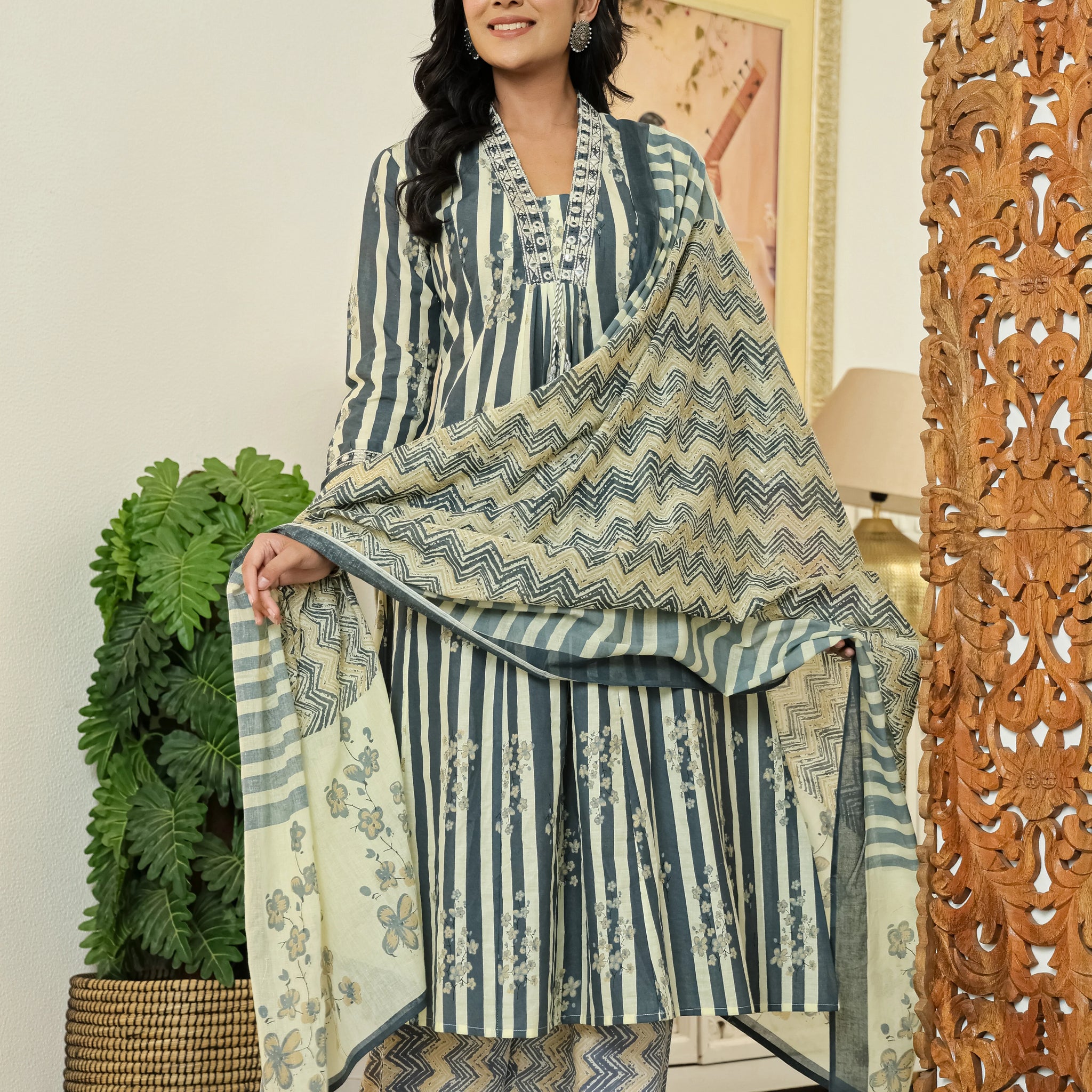 Grey Printed Cotton A-Line Kurta Pant Dupatta Set
