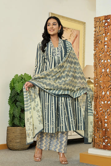 Grey Printed Cotton A-Line Kurta Pant Dupatta Set