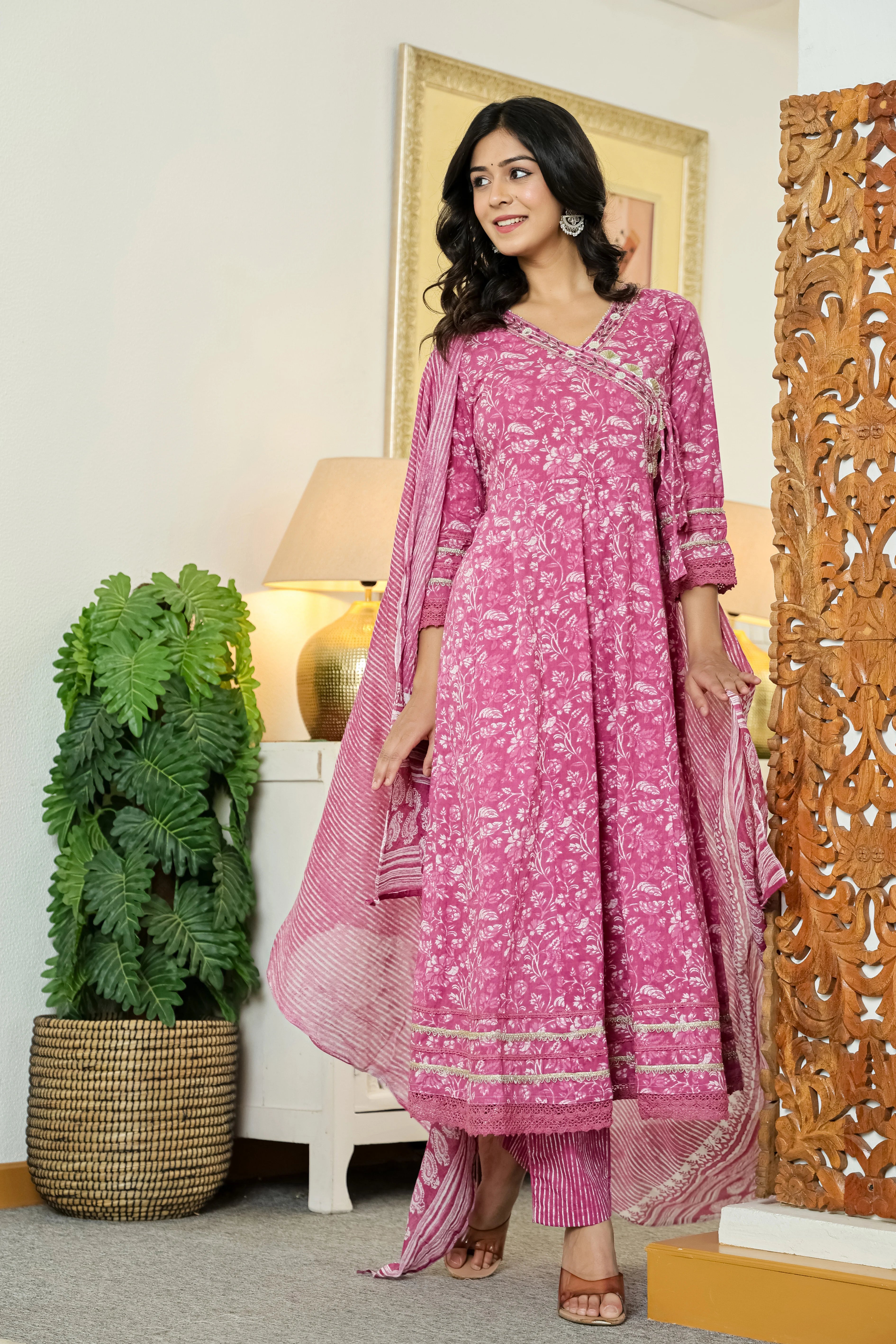 Pink Printed Cotton Anarkali Kurta Pant Dupatta Set