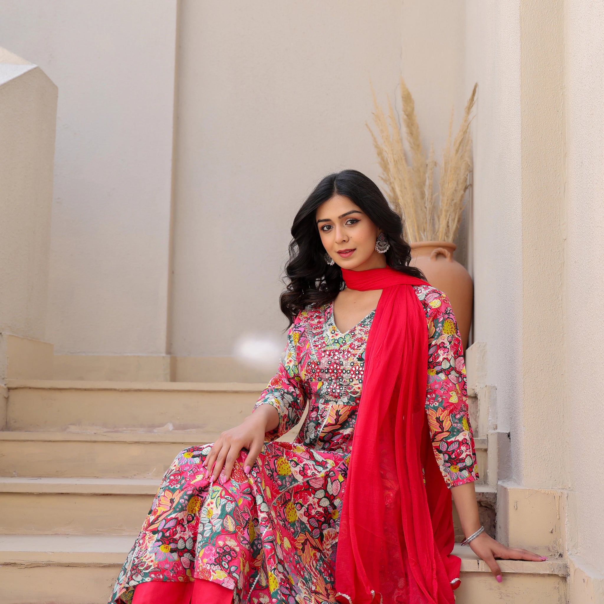 Multicolour Heavy Embroided Kurta Set with Dupatta