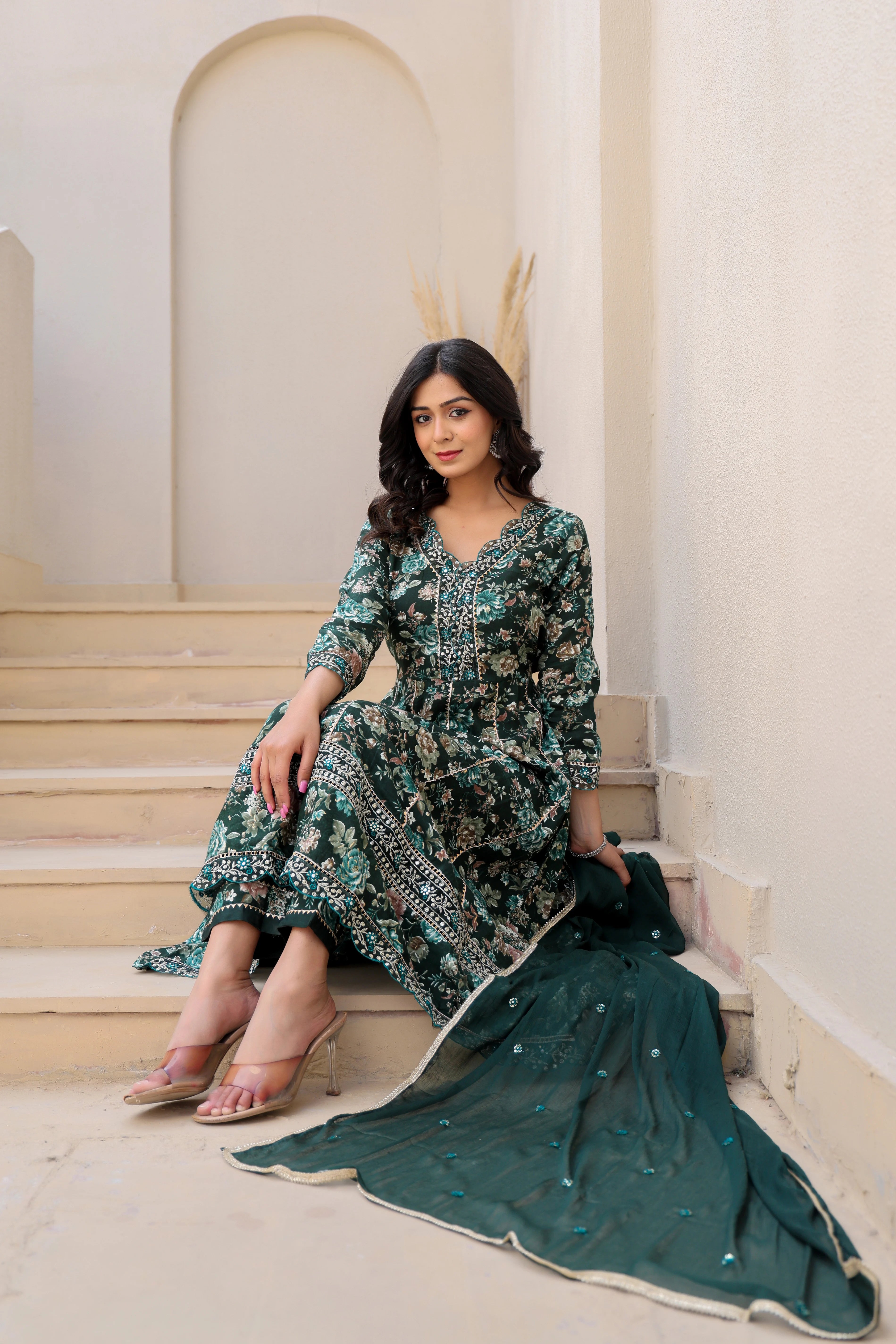 Dark Green Heavy Embroidery Floral Kurta Set with Dupatta