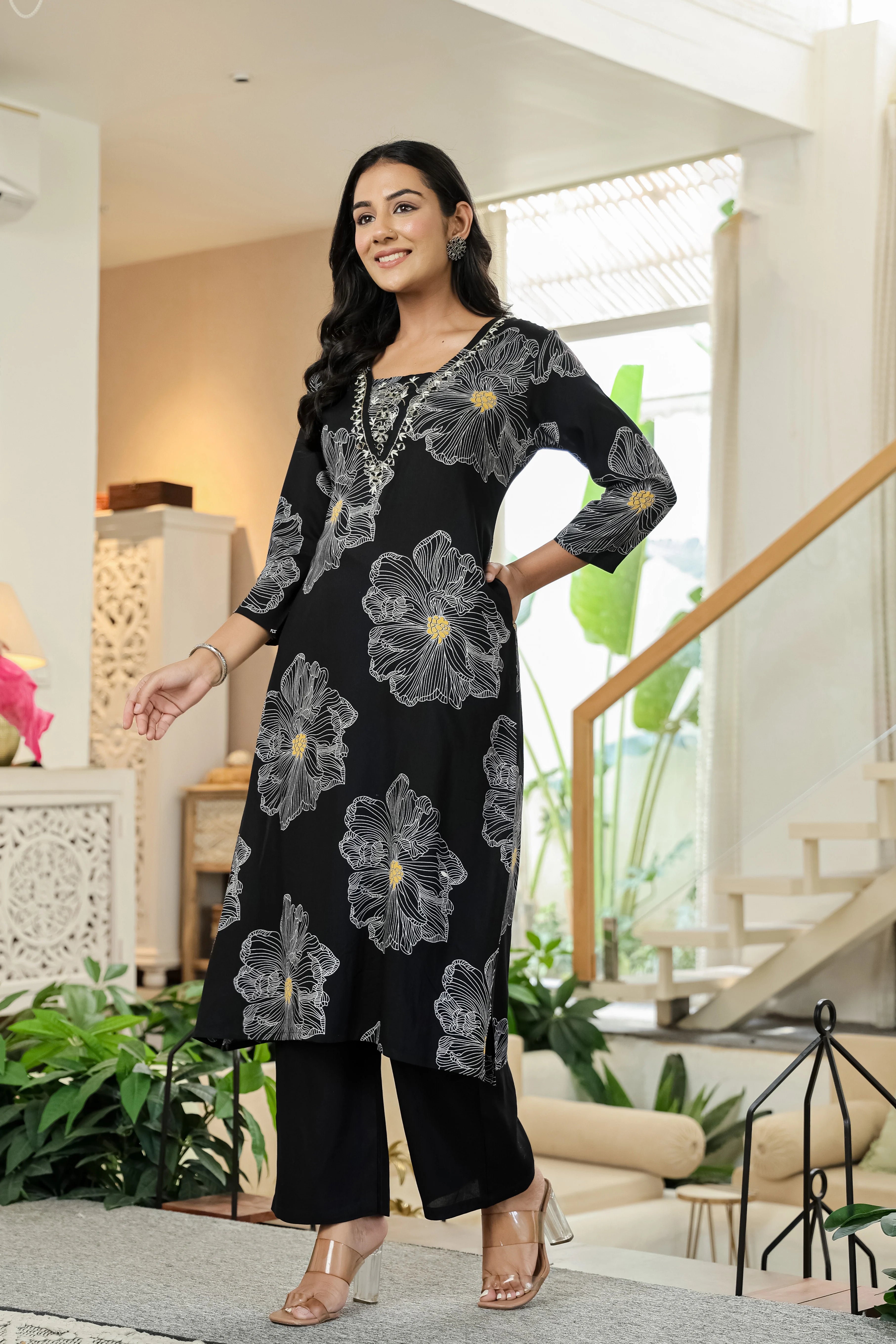 Black Floral Kurta Set