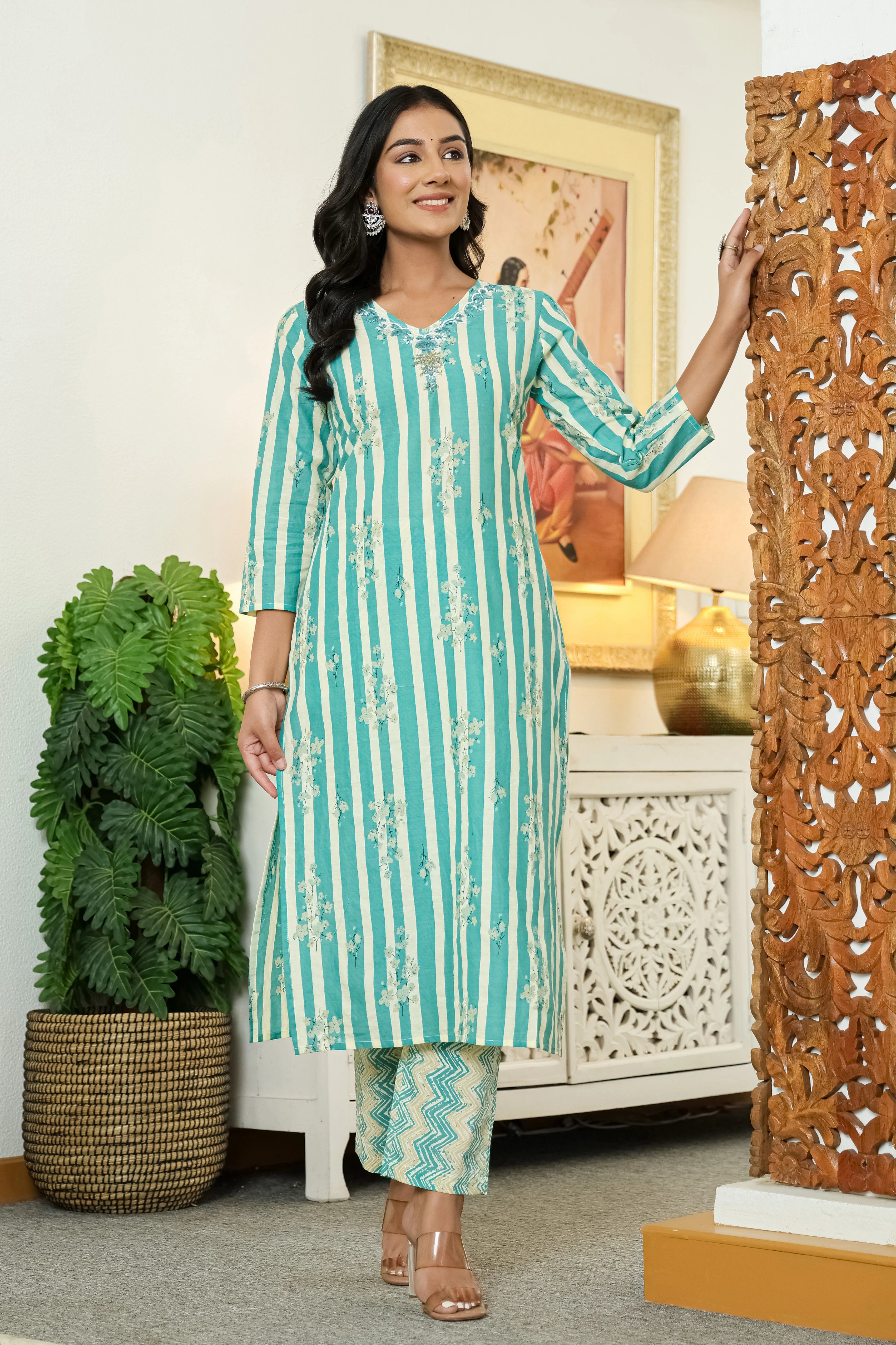 Turquoise Straight Cotton Kurta Pant Dupatta Set