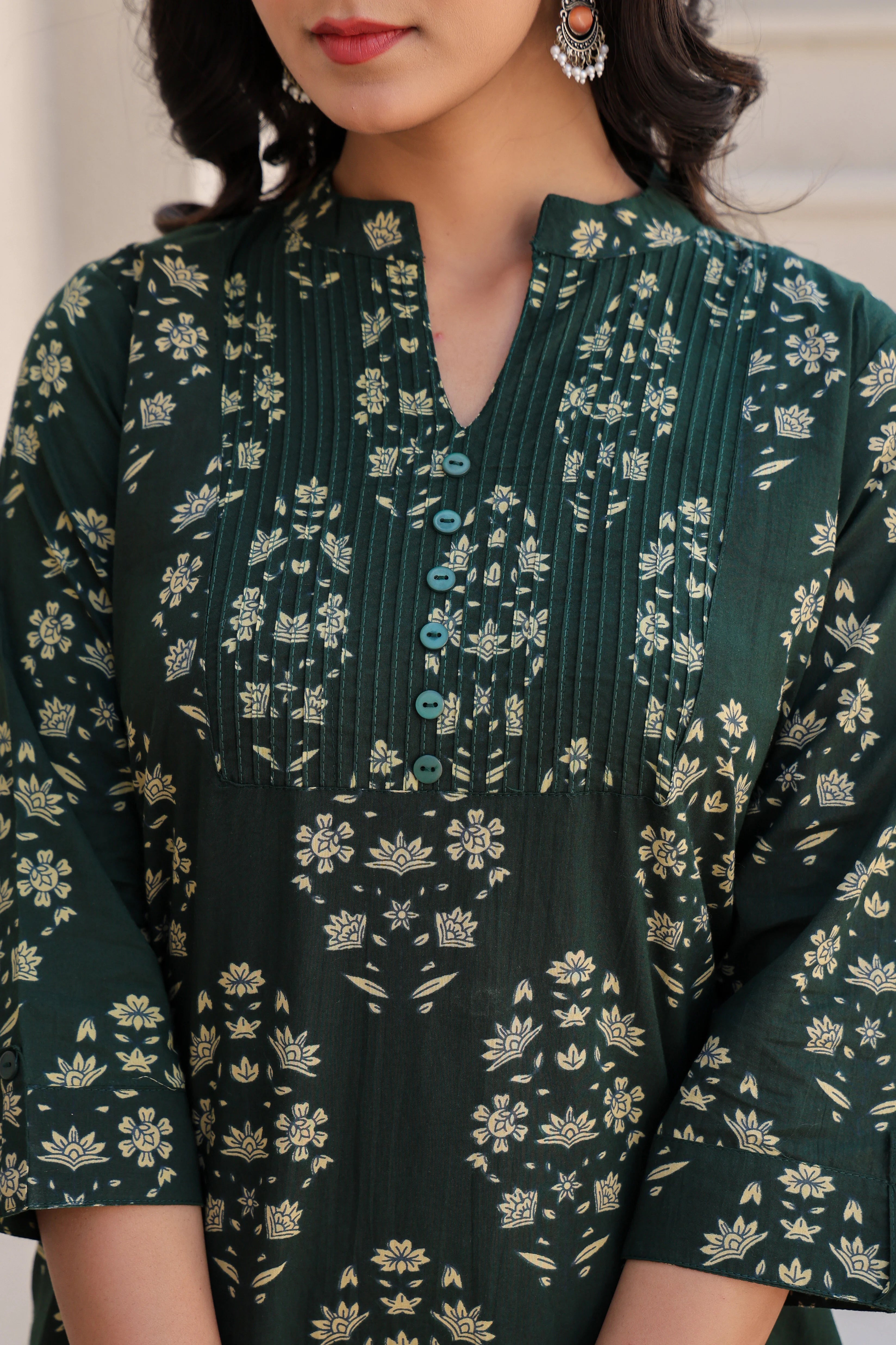 Green Printed Straight Kurti With Printex Work