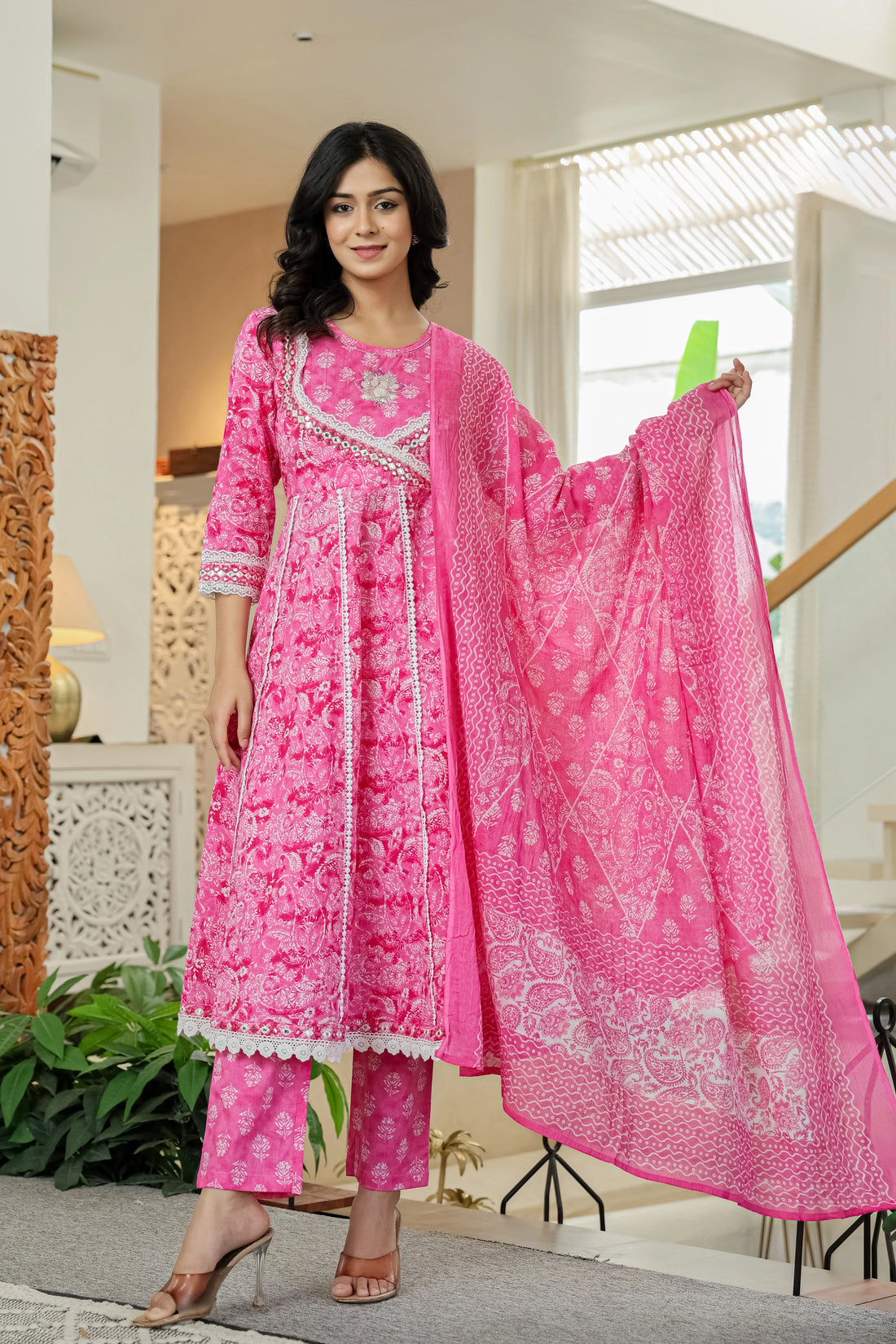 Pink Printed Kurta Set with Dupatta